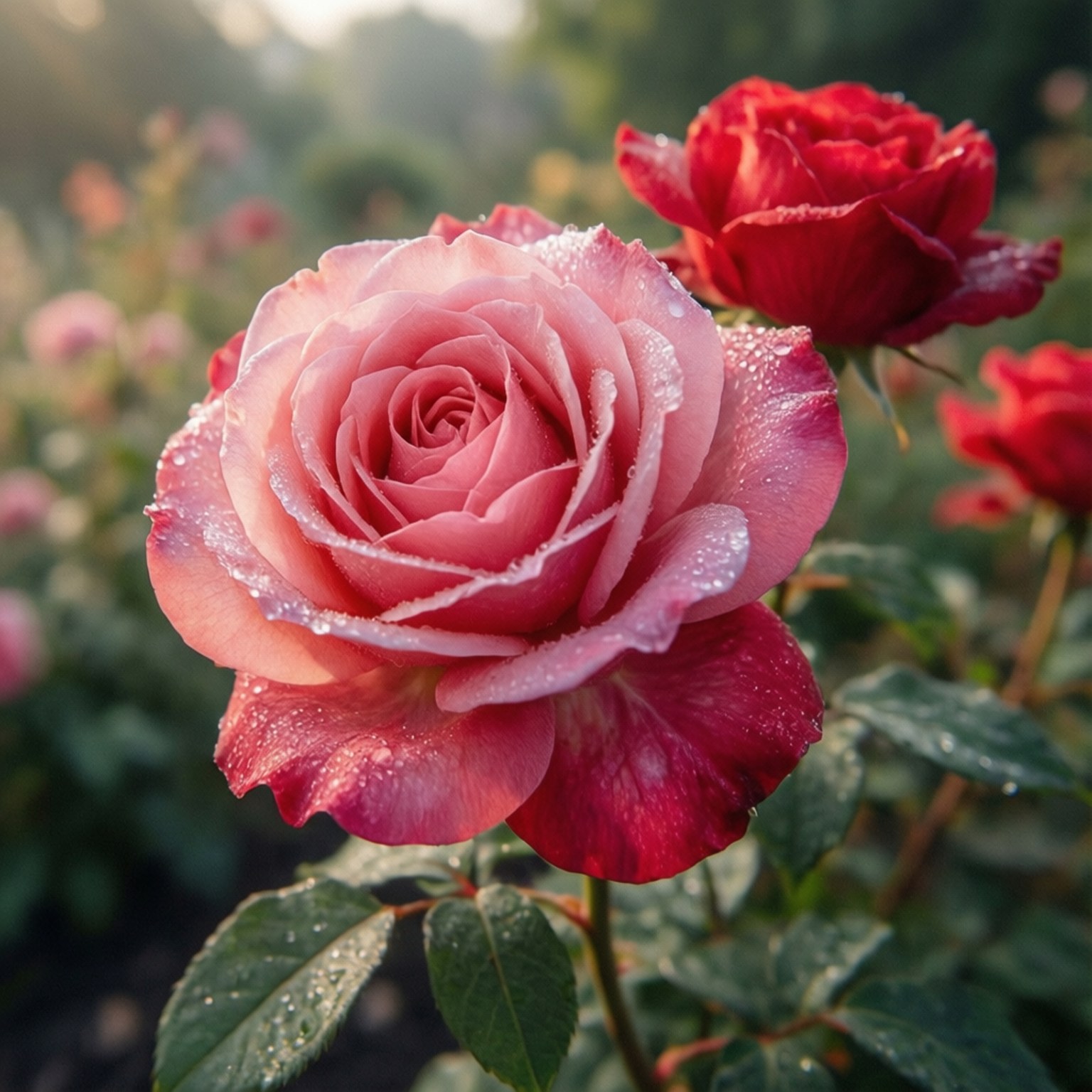 Persian Rose Garden 壁紙 — 一朵帶有深紅色邊緣的露珠親吻的粉紅玫瑰在柔和的晨光中盛開，旁邊是鮮豔的紅玫瑰。