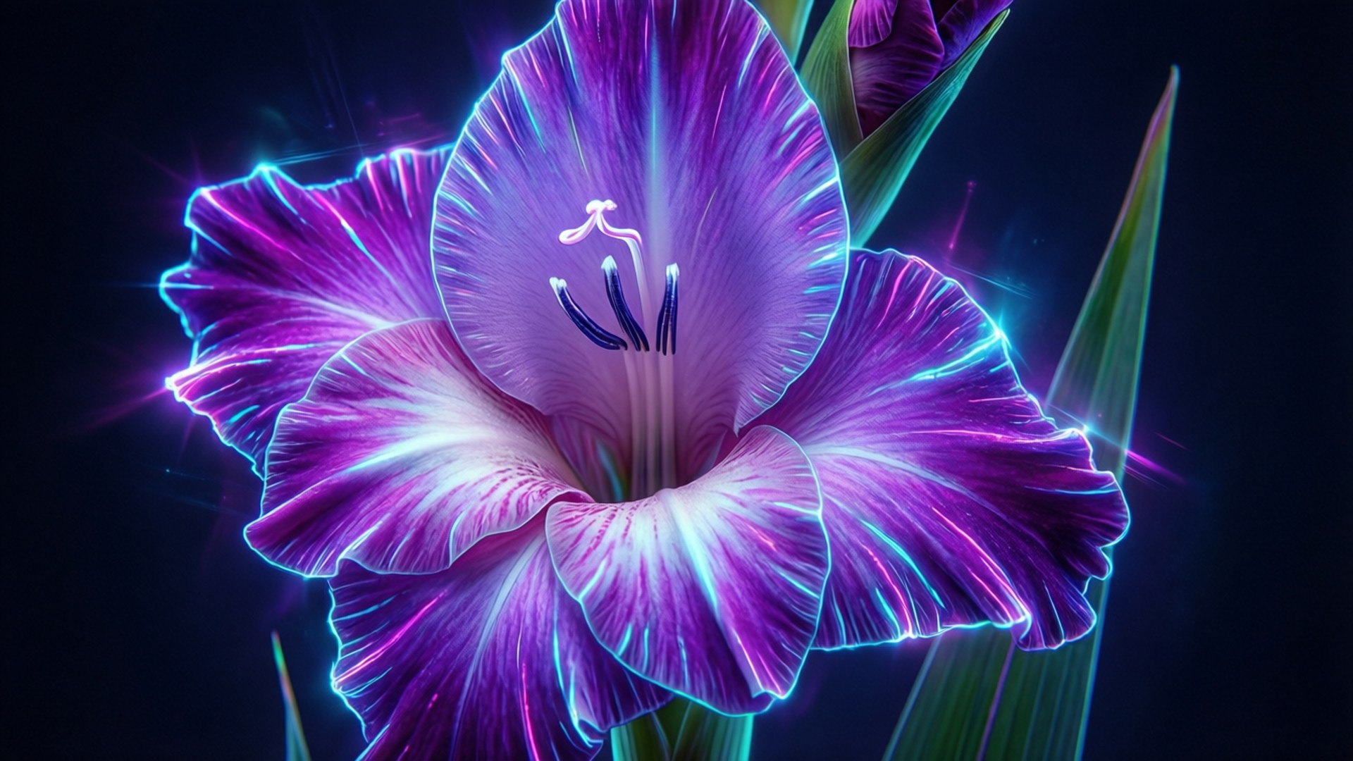 Neon Gladiolus Cyberpunk 壁紙 — 一朵發光的霓虹紫色劍蘭花，帶有電光藍色輪廓和放射狀光爆，在黑暗背景下。