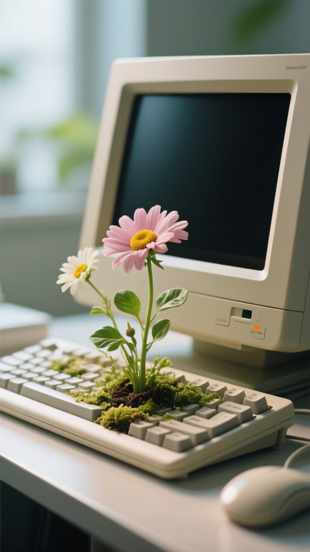 Flower Keyboard Tech 壁紙 — 一朵粉白色雛菊從米色鍵盤上的苔蘚中長出，前面是一部復古CRT顯示器。