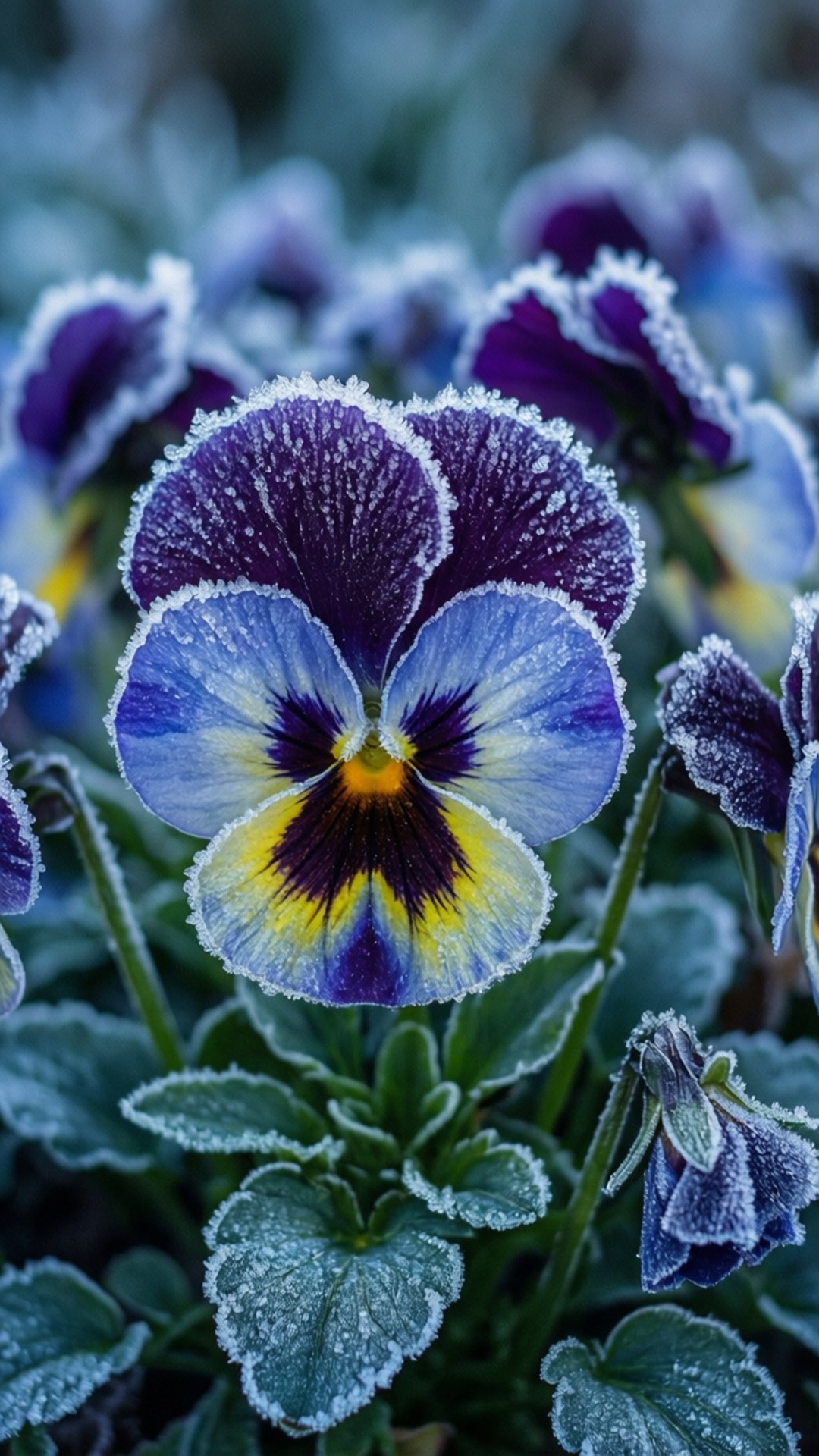 Frosty Morning Pansies 壁紙 — 一朵覆蓋著霜的三色堇，紫藍色和黃色的花瓣在模糊的綠色葉子背景下格外突出。