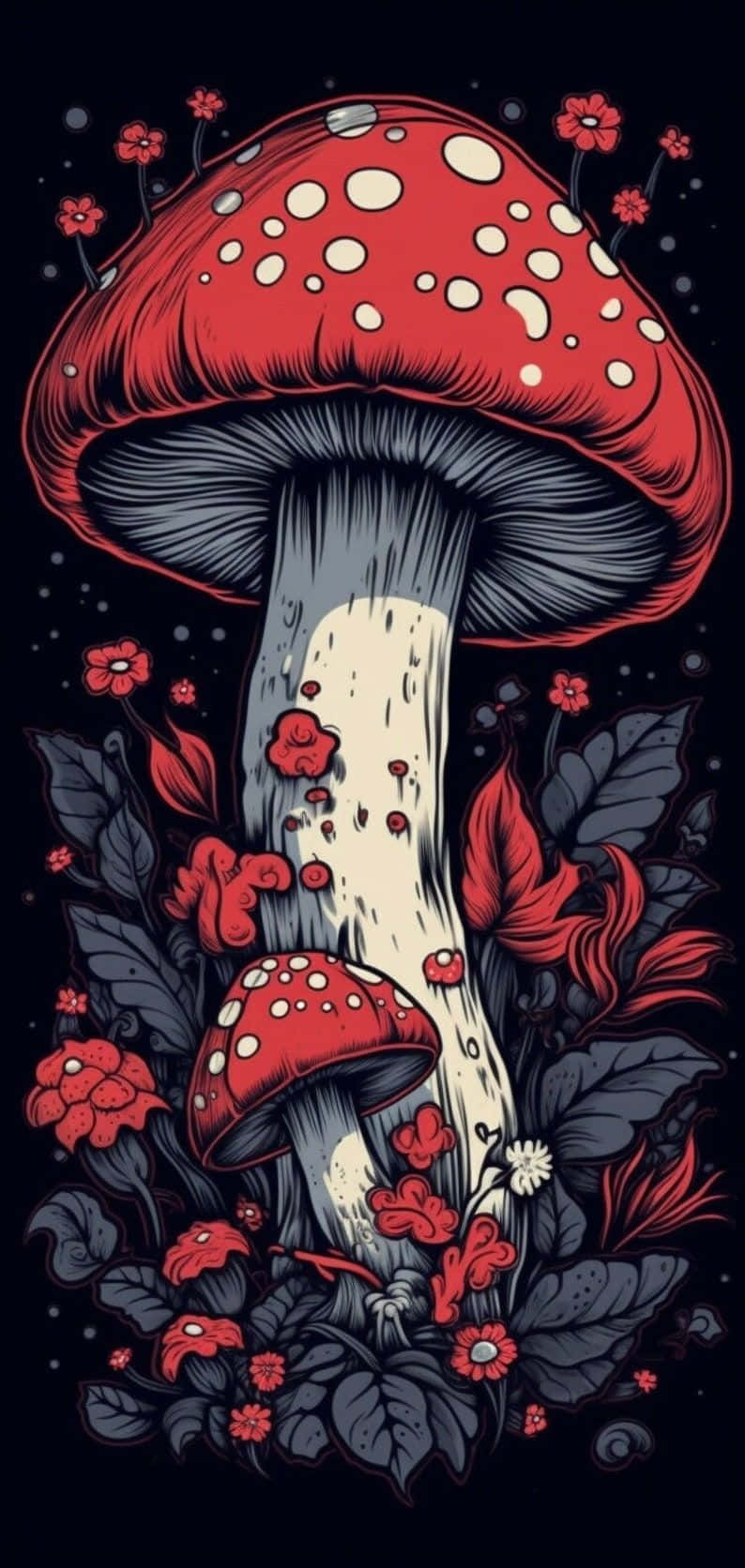  壁紙 — 一朵高聳的紅色蘑菇帶有白色斑點，旁邊有一個較小的同伴，周圍環繞著深色葉子和紅色花朵，背景為黑色。