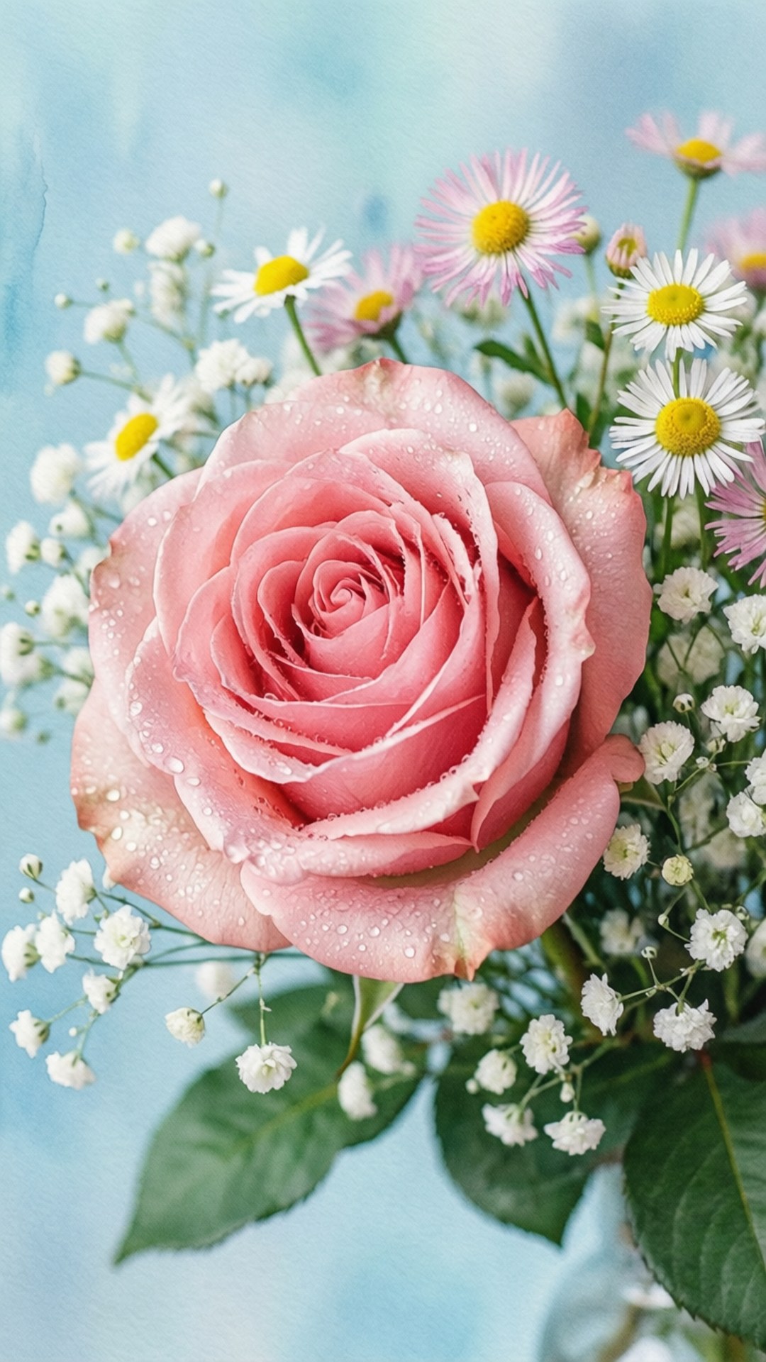 Delicate Pink Rose 壁紙 — 一朵精緻的粉紅玫瑰帶有露珠，被白色雛菊和滿天星環繞，背景是柔和的藍色水彩。
