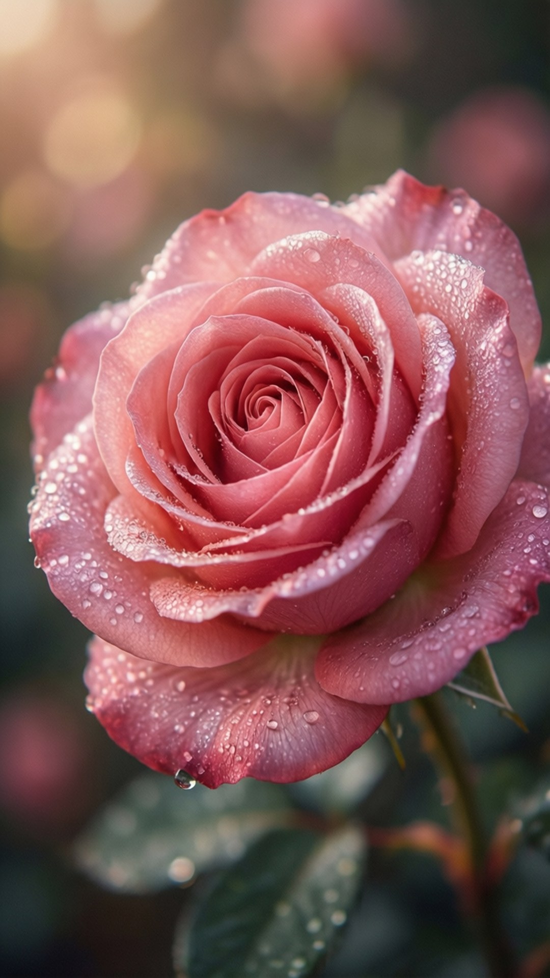 Pink Rose with Dewdrops 壁紙 — 一朵精緻的粉紅玫瑰在柔和模糊的花園背景下閃爍著露珠。