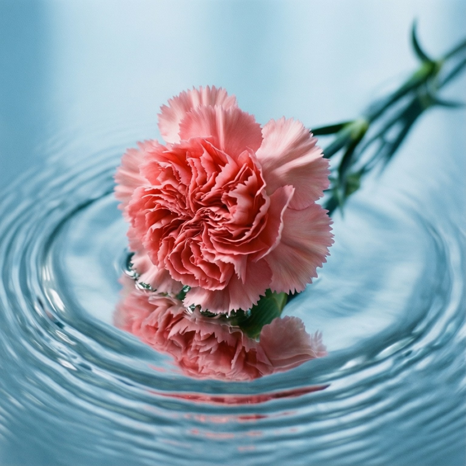 Floating Carnations Water 壁紙 — 一朵精緻的粉紅色康乃馨漂浮在漣漪的藍色水面上，其倒影在下方閃爍。
