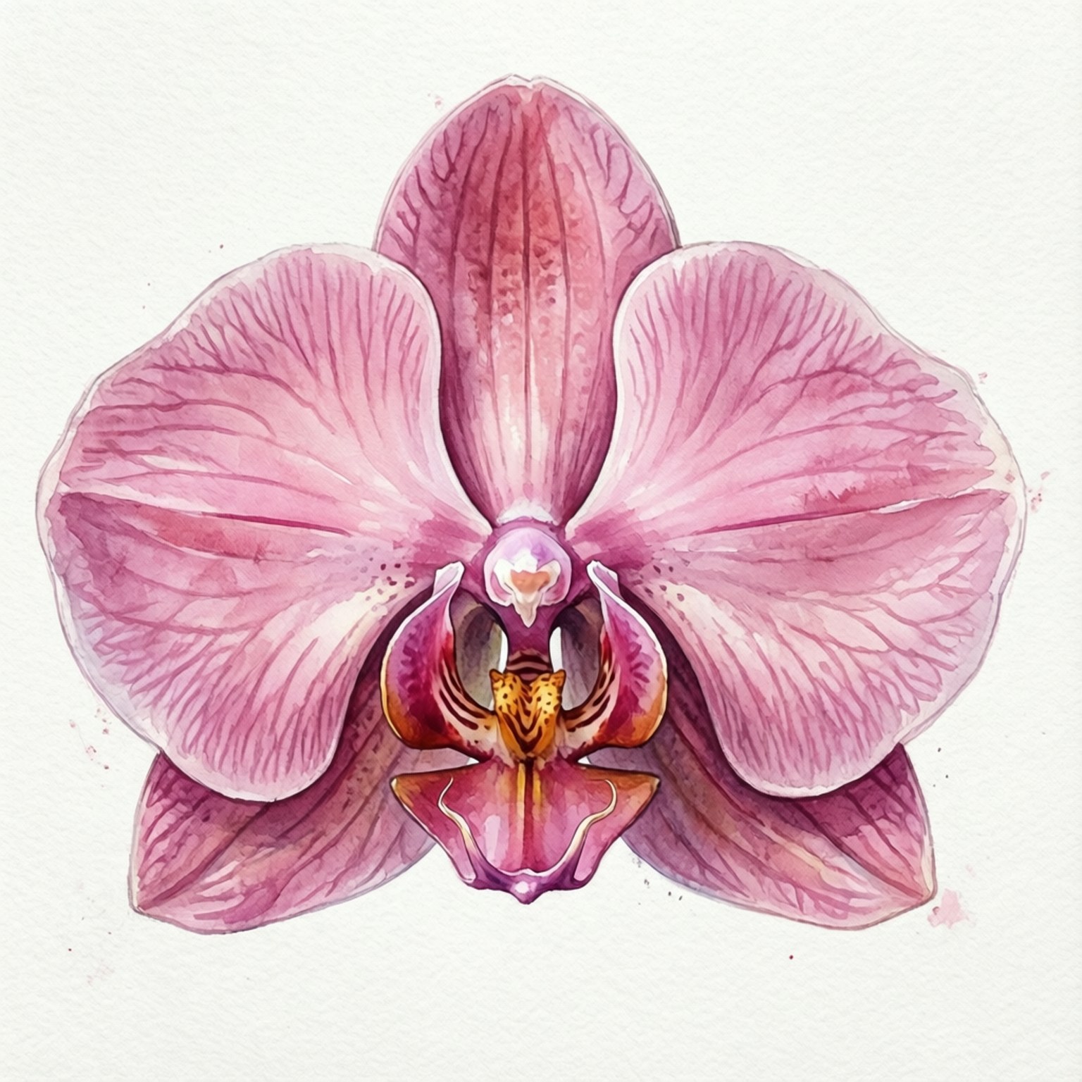 Watercolor Moth Orchid 壁紙 — 一朵精緻的水彩蘭花，帶有柔軟的粉紅色花瓣和複雜的脈絡，在紋理白色背景上綻放。