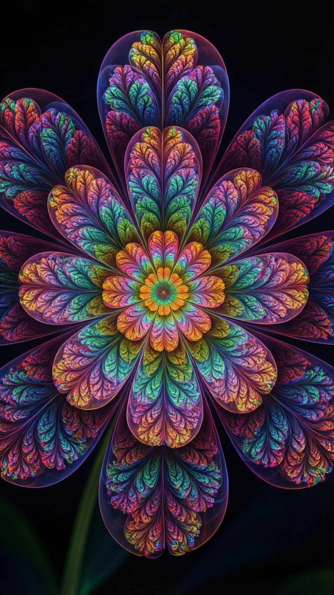 Trippy iPhone 桌布 壁紙 — 一朵閃耀的分形花，帶有虹彩花瓣，在黑色背景上發出彩虹色光芒。