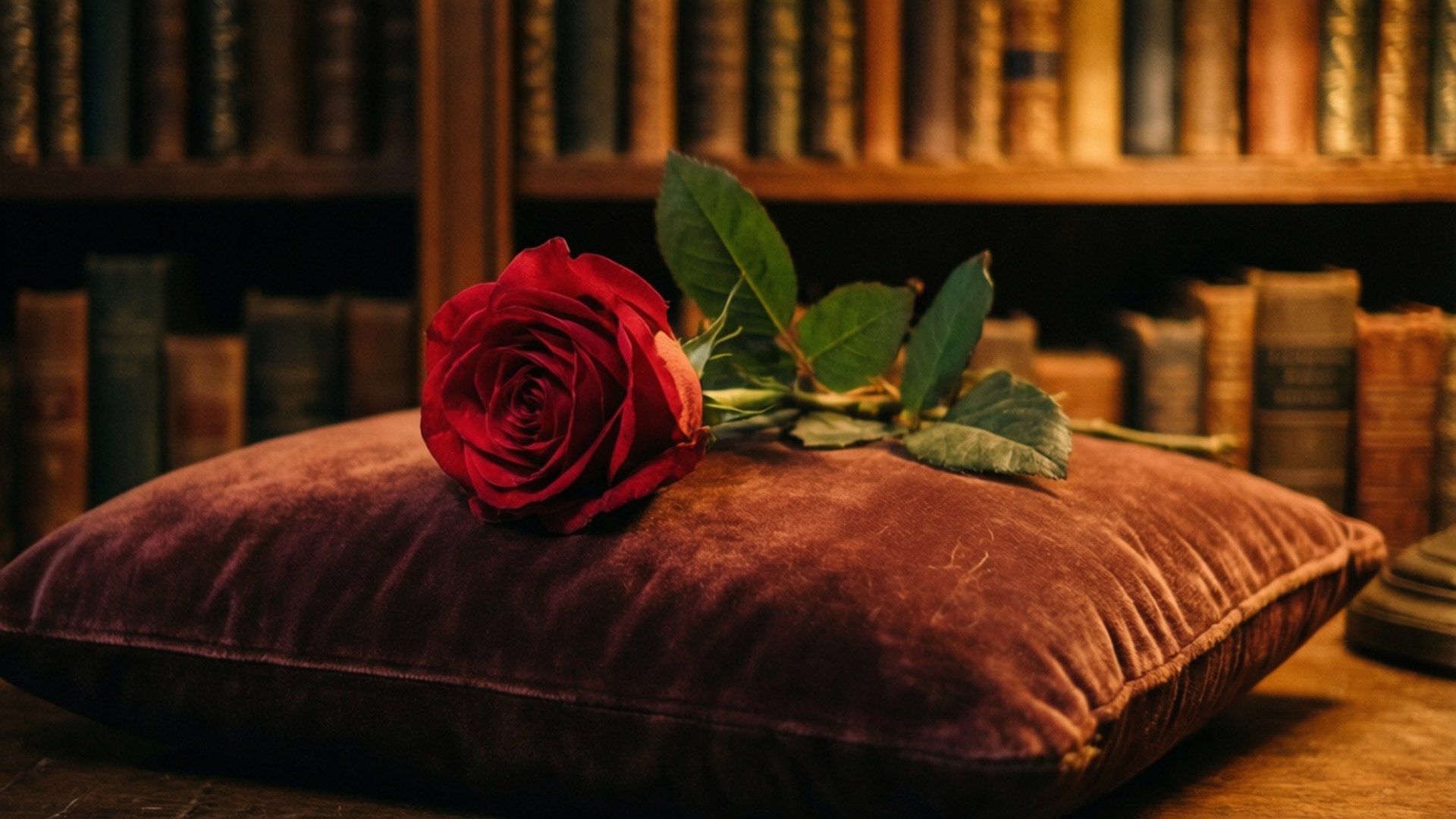 Rose on Velvet Cushion 壁紙 — 一朵深紅玫瑰，帶有綠葉，放在柔軟的酒紅色天鵝絨枕頭上，前面是裝滿舊書的木書架。