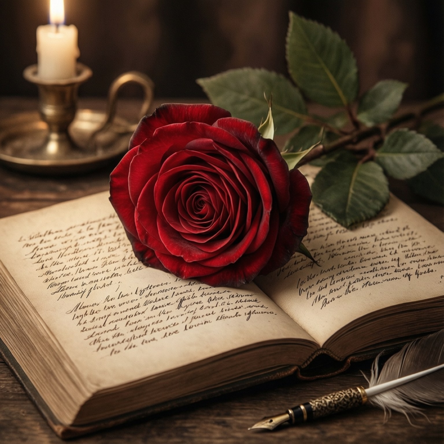 Rose on Vintage Book 壁紙 — 一朵深紅玫瑰放在一本打開的手寫書上，旁邊有一根點燃的蠟燭和羽毛筆在木桌上。