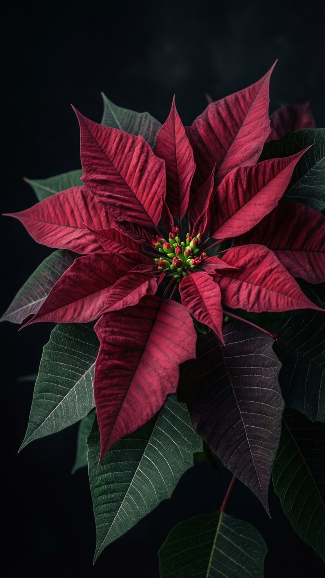 Maroon Poinsettia Studio 壁紙 — 一朵鮮紅的聖誕紅，深綠色的葉子，在深色背景下格外突出。