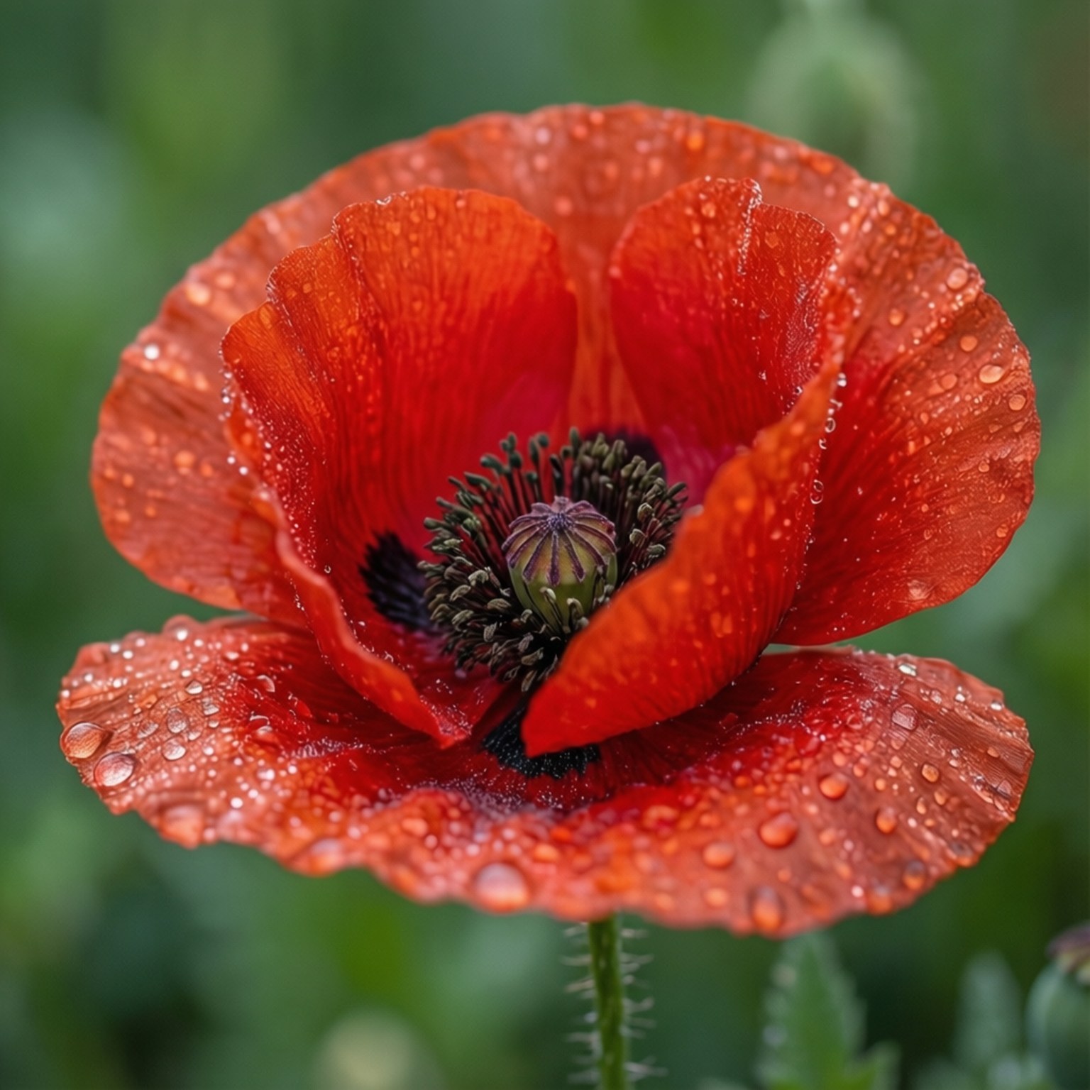 Dewdrop Poppy Macro 壁紙 — 一朵鮮紅的罌粟花帶著露珠，在柔和的綠色模糊背景下閃閃發光。