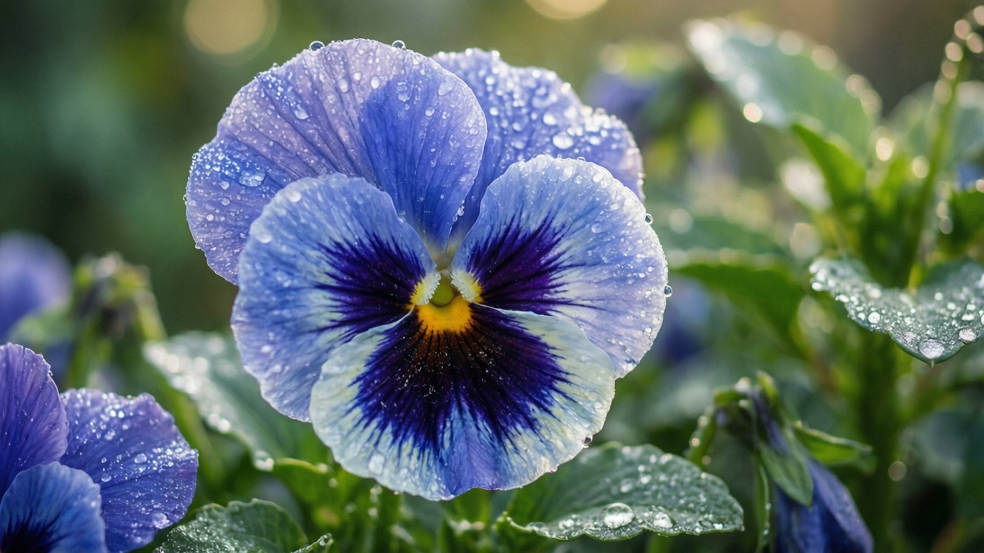 Blue Pansy Morning Dew 壁紙 — 一朵鮮豔的藍色三色堇，帶有露珠，在柔和的陽光下，以模糊的綠色花園背景閃閃發光。