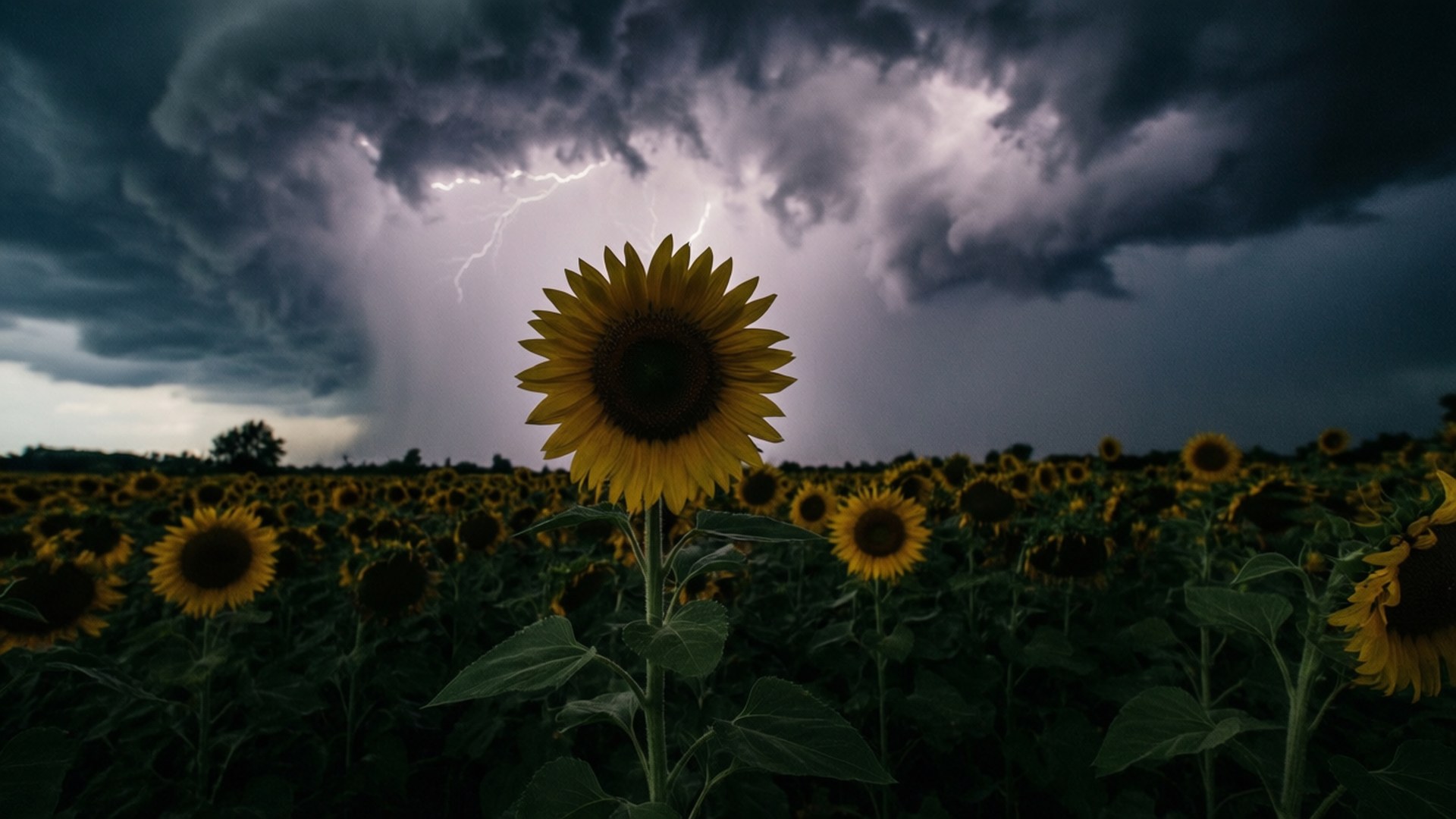 Stormy Field 壁紙 — 一朵鮮豔的向日葵高高矗立在田野中，閃電劃過暴風雨中的紫色和灰色天空。