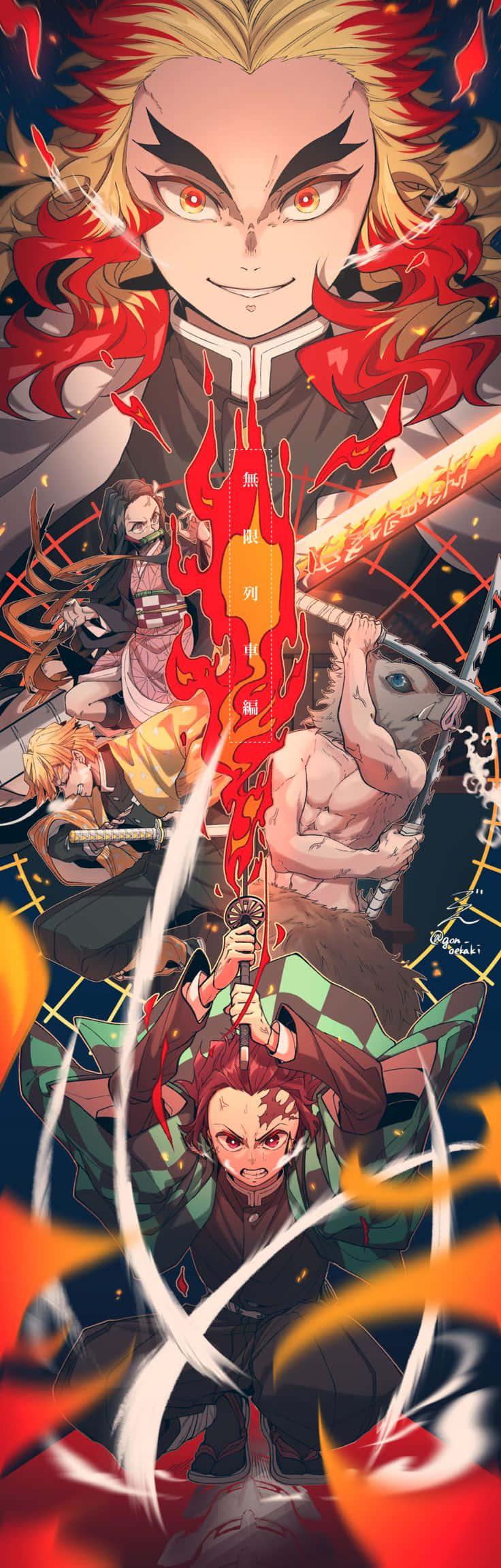  壁紙 — 一幅充滿動感的動漫插圖，描繪一位火焰髮色的惡魔獵人，在多人戰鬥場景中揮舞著一把燃燒的劍。