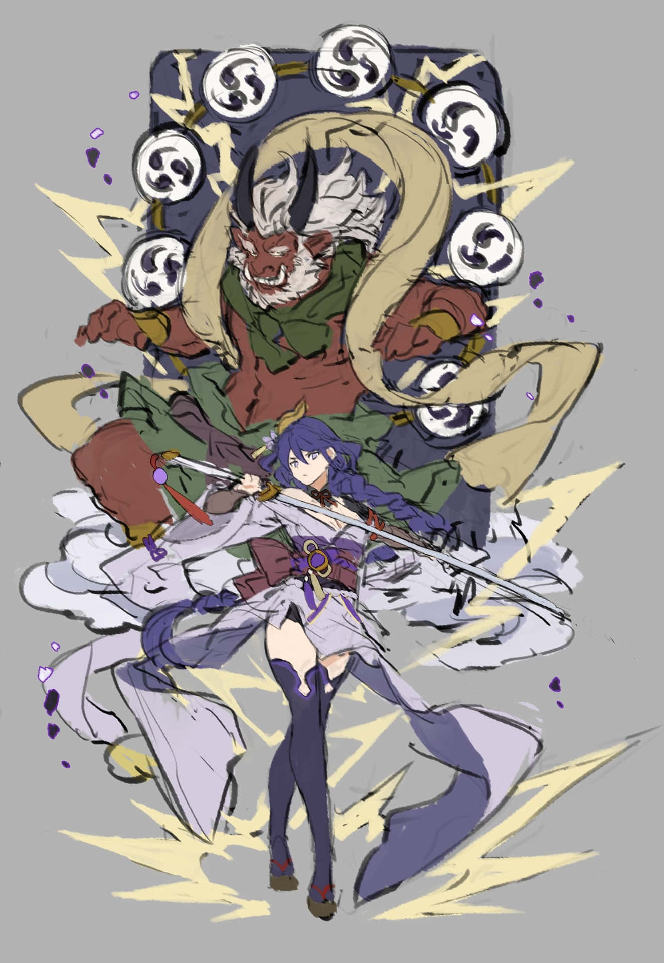  壁紙 — 一幅充滿動感的動漫風格插圖，描繪一位紫髮戰士揮舞雙劍，對抗一個被旋轉能量和骷髏圖案包圍的紅色面孔怪物惡魔。