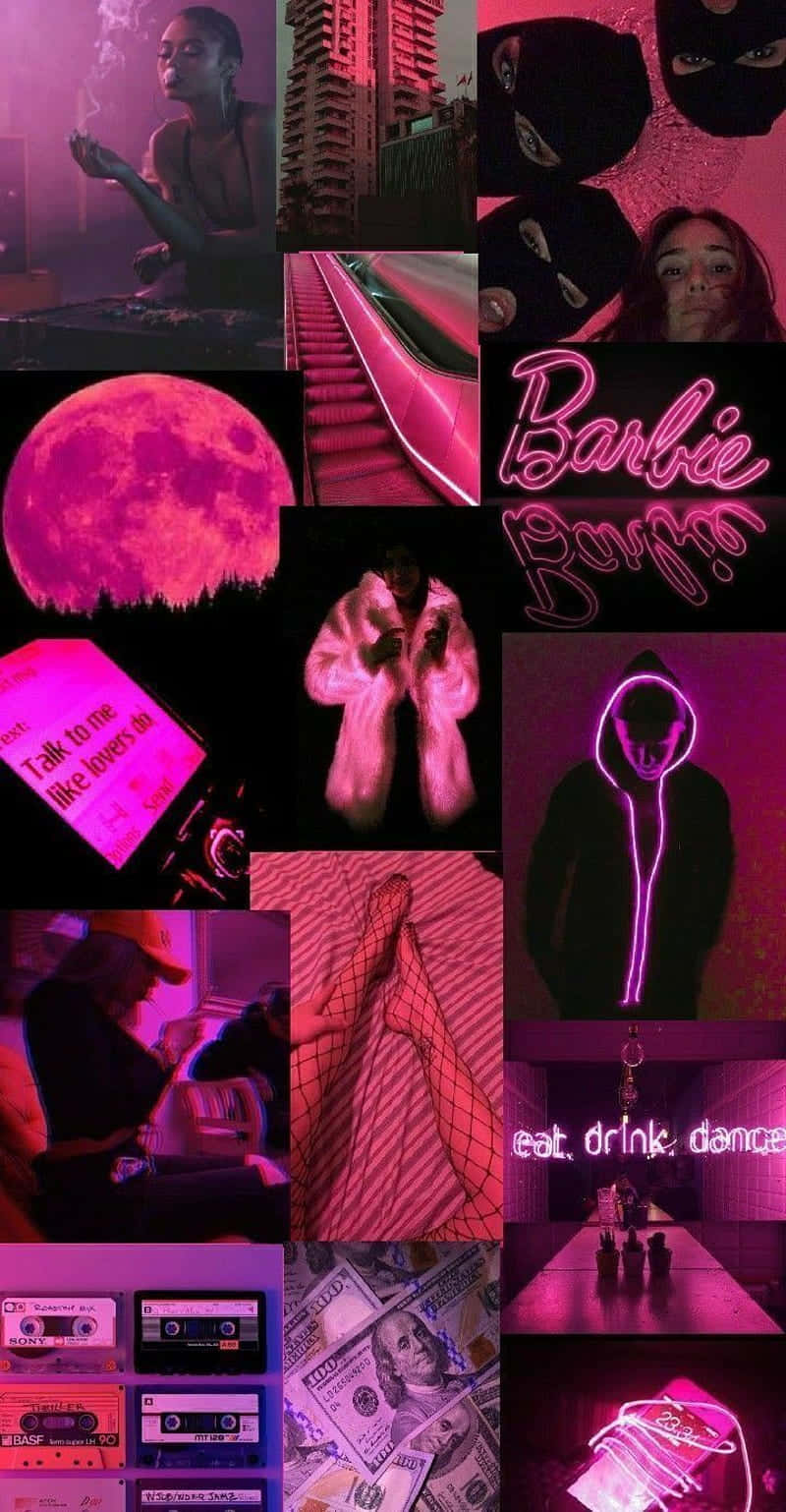Glitter Barbie Aesthetic 桌布 壁紙 — 一幅充滿活力的粉紅色拼貼畫，包含芭比主題圖像、霓虹燈、粉紅月亮和流行文化元素。