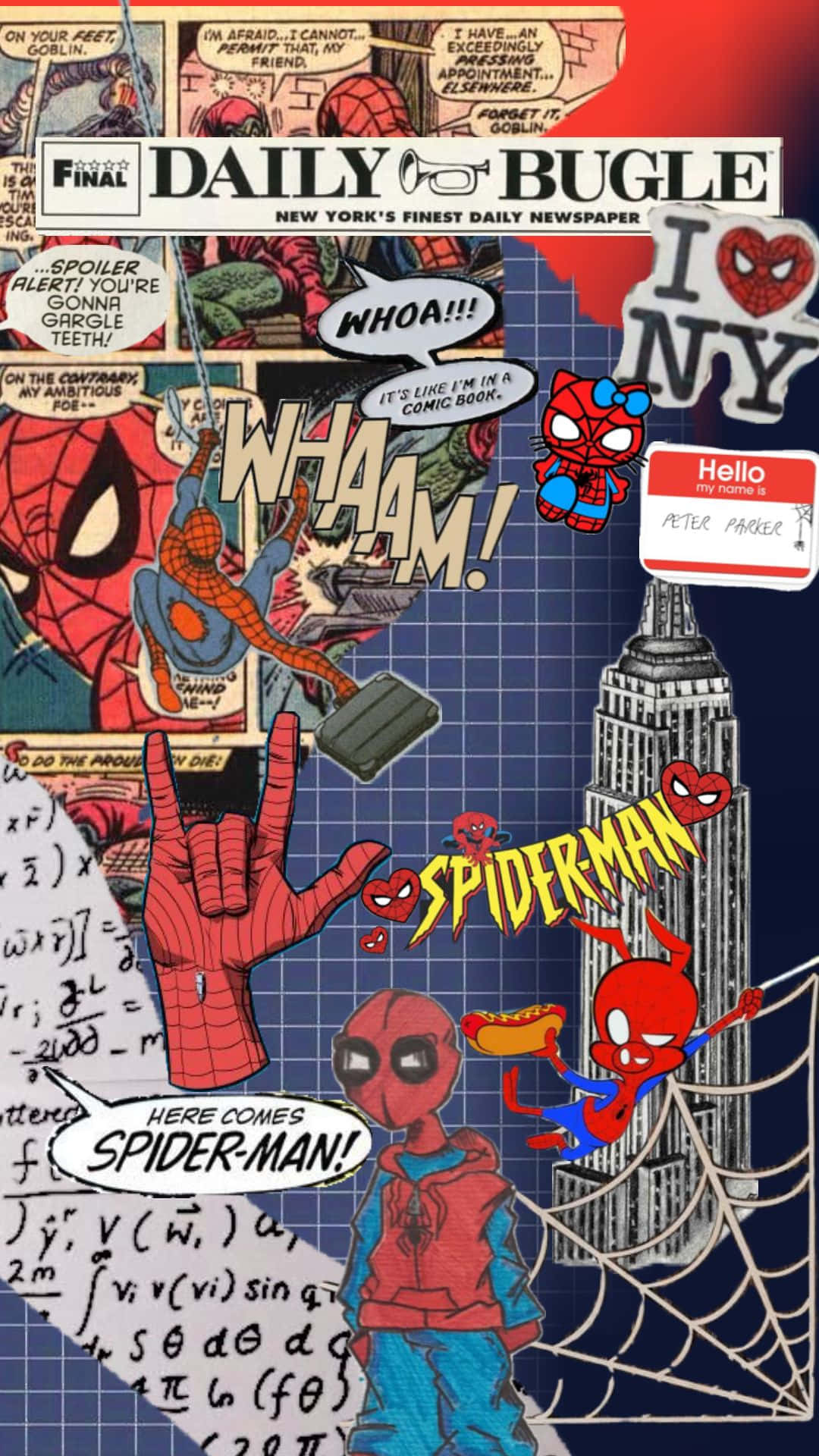 Daily Bugle 桌布 壁紙 — 一幅充滿活力的漫畫拼貼畫，蜘蛛人以多種動態姿勢出現在紐約天際線背景下，並帶有報紙頭條和數學方程式。