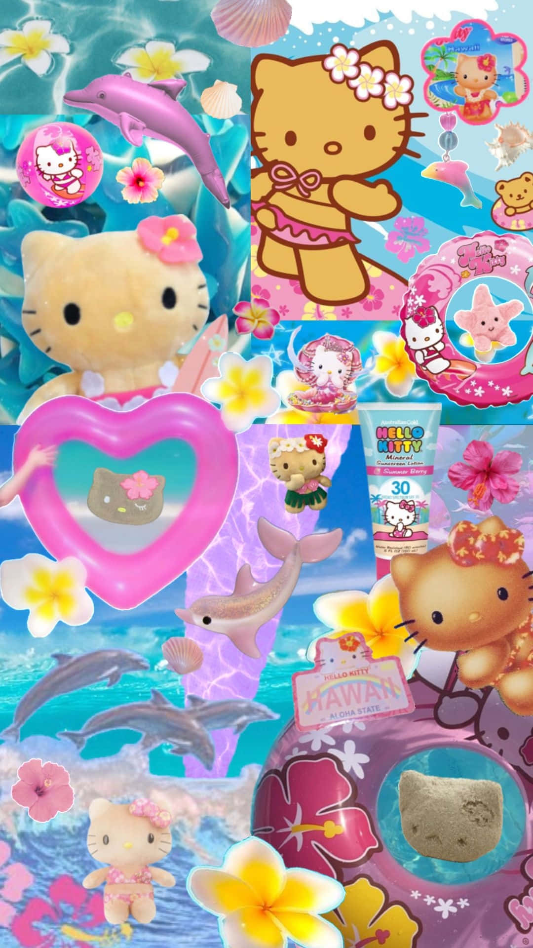  壁紙 — 一幅充滿活力的拼貼畫，描繪Hello Kitty角色和熱帶物品在碧綠色的海洋中漂浮，伴隨著海豚和芙蓉花。
