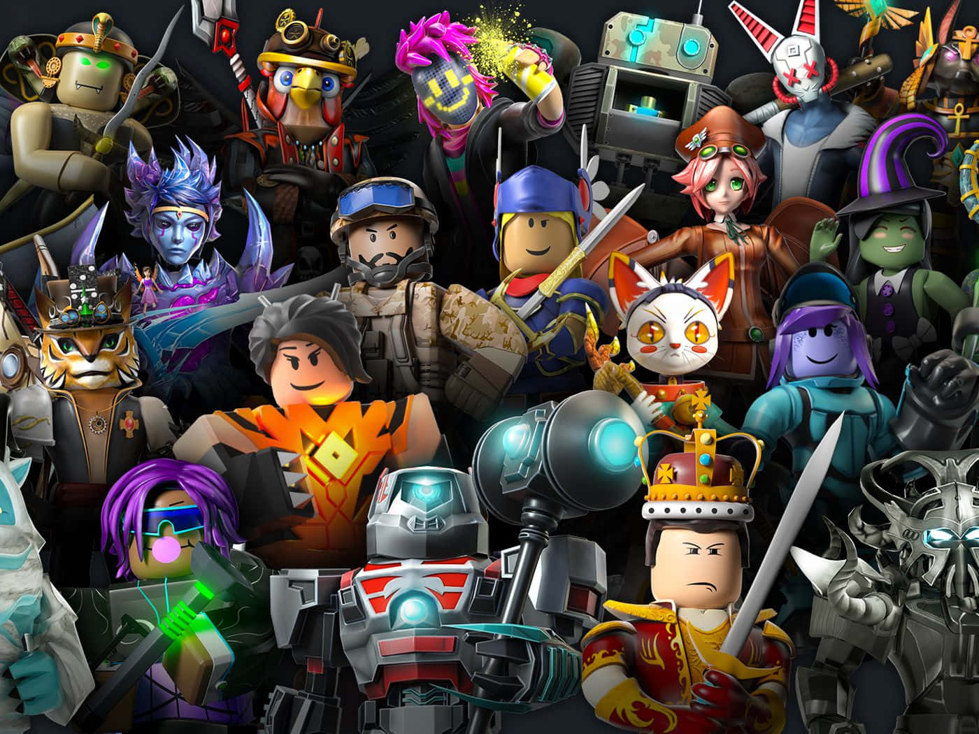一群密集的 Roblox 遊戲角色，手持武器並穿著服裝。 — Roblox 壁紙