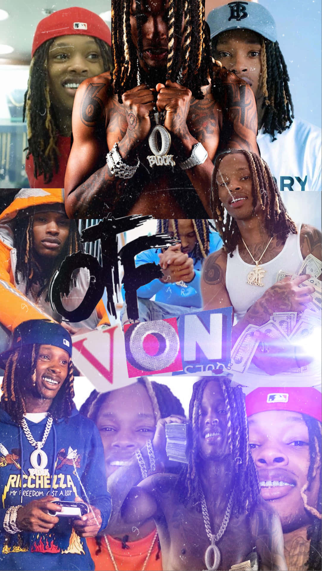 Young Thug 拼貼畫，展示多個手持金錢和街頭服飾的姿勢。 — King Lebron James 壁紙