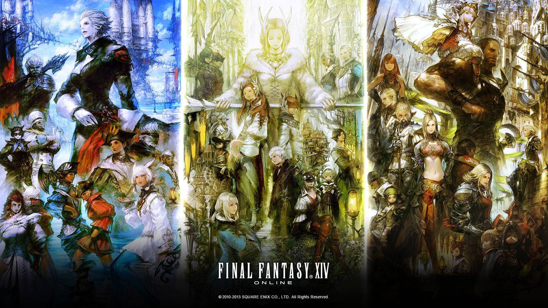 《最終幻想XIV》線上宣傳藝術，三個主題面板中呈現奇幻角色。 — 最終幻想14 壁紙