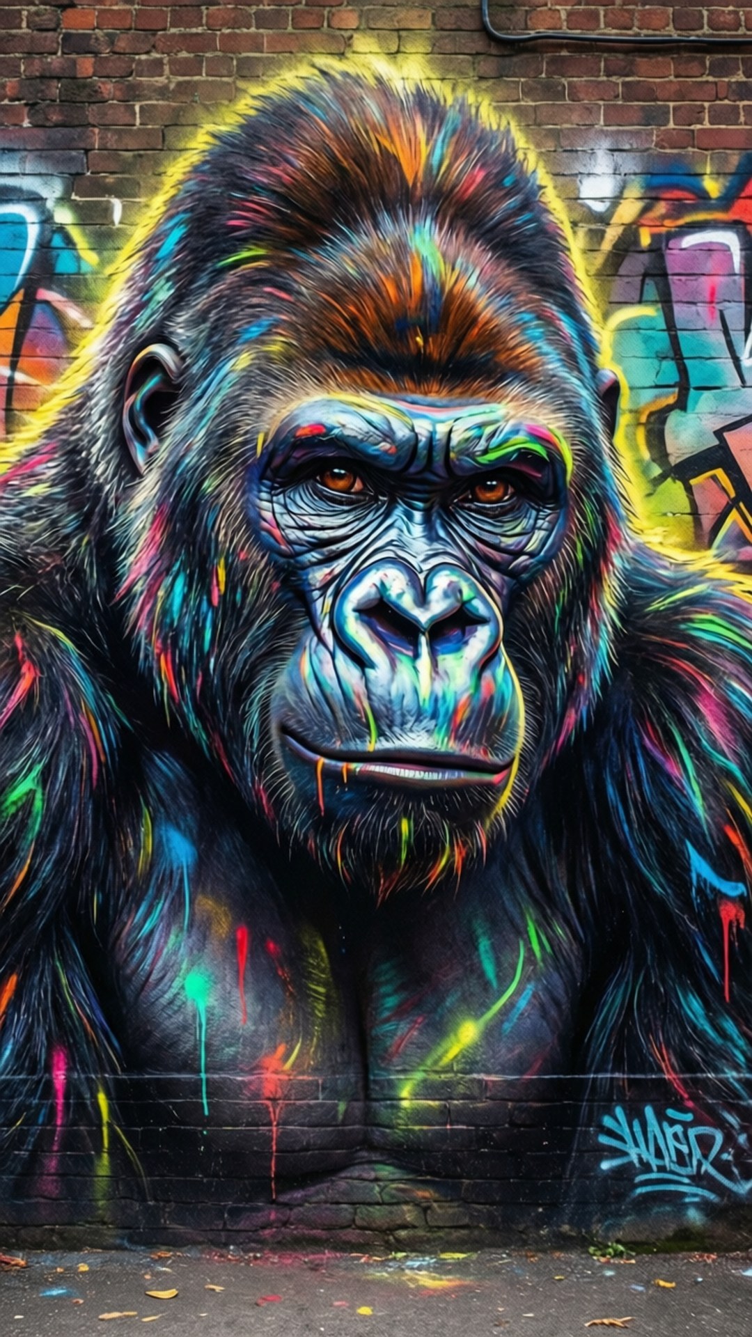 Urban Graffiti Gorilla 壁紙 — 一幅充滿活力的猩猩塗鴉壁畫，磚牆上有霓虹顏料飛濺。