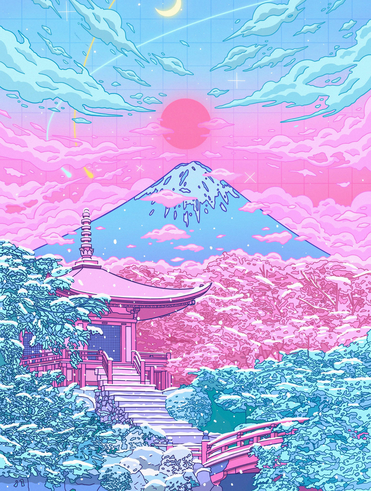 一幅粉紅色和藍色的數位插圖，描繪了雪山下寺廟和橋樑，帶有紅色的太陽和彎月。 — 日式自然壁紙 壁紙