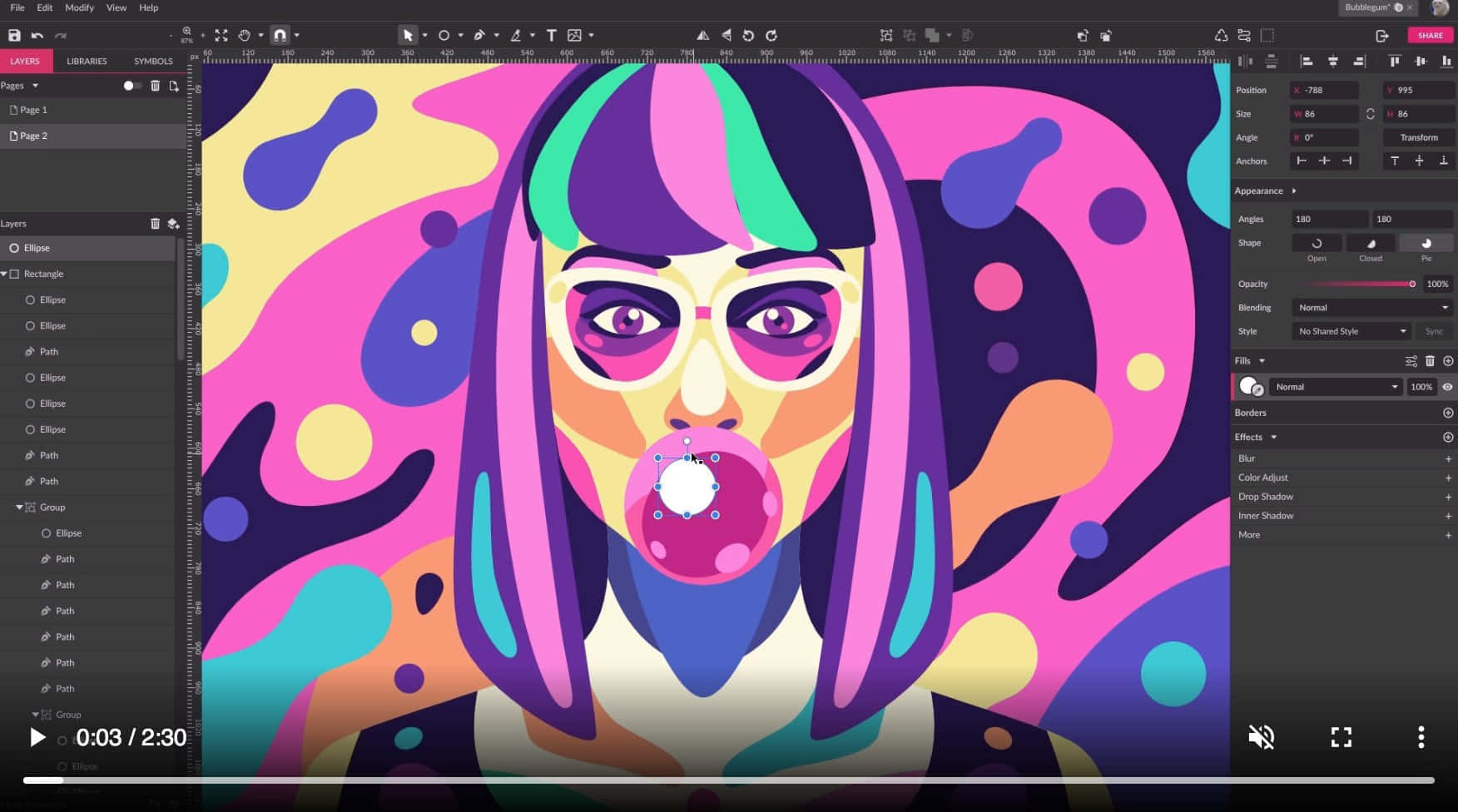 graphic design 桌布 壁紙 — 一幅充滿活力的數位插圖，描繪一個擁有彩色頭髮的人，在迷幻抽象背景前吹著泡泡糖泡泡。