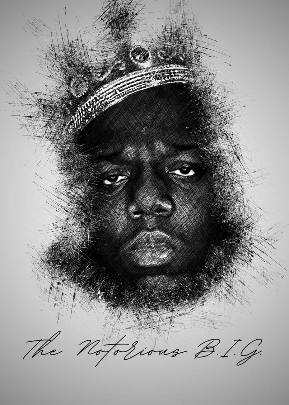  壁紙 — 一幅粗糙的黑白素描肖像，描繪了The Notorious B.I.G.戴著皇冠，眼神富有表現力，筆觸帶有紋理。