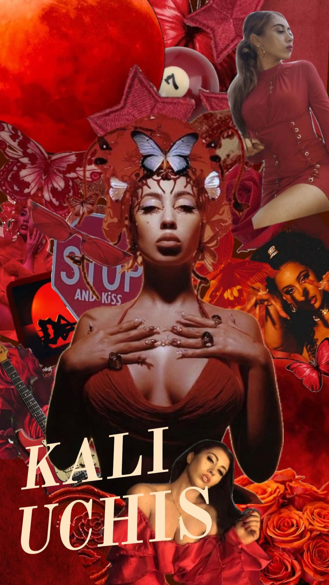  壁紙 — 一幅大膽的紅色拼貼畫，以 Kali Uchis 為中心，周圍環繞著蝴蝶、玫瑰和超現實元素，呈現出充滿活力的普普藝術風格。