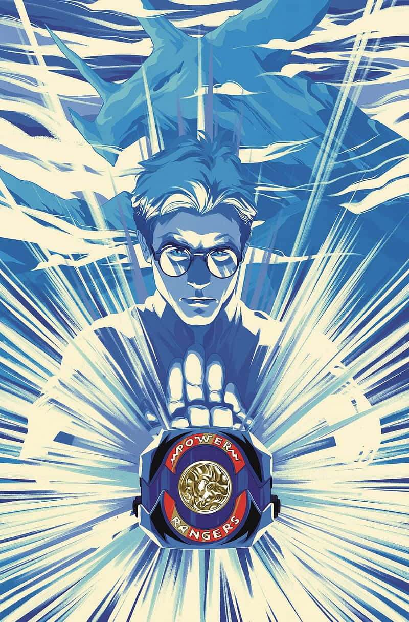  壁紙 — 一幅風格化插圖，描繪一名戴眼鏡的年輕男子手持Power Rangers變身器，背景是動態的藍白放射狀效果。