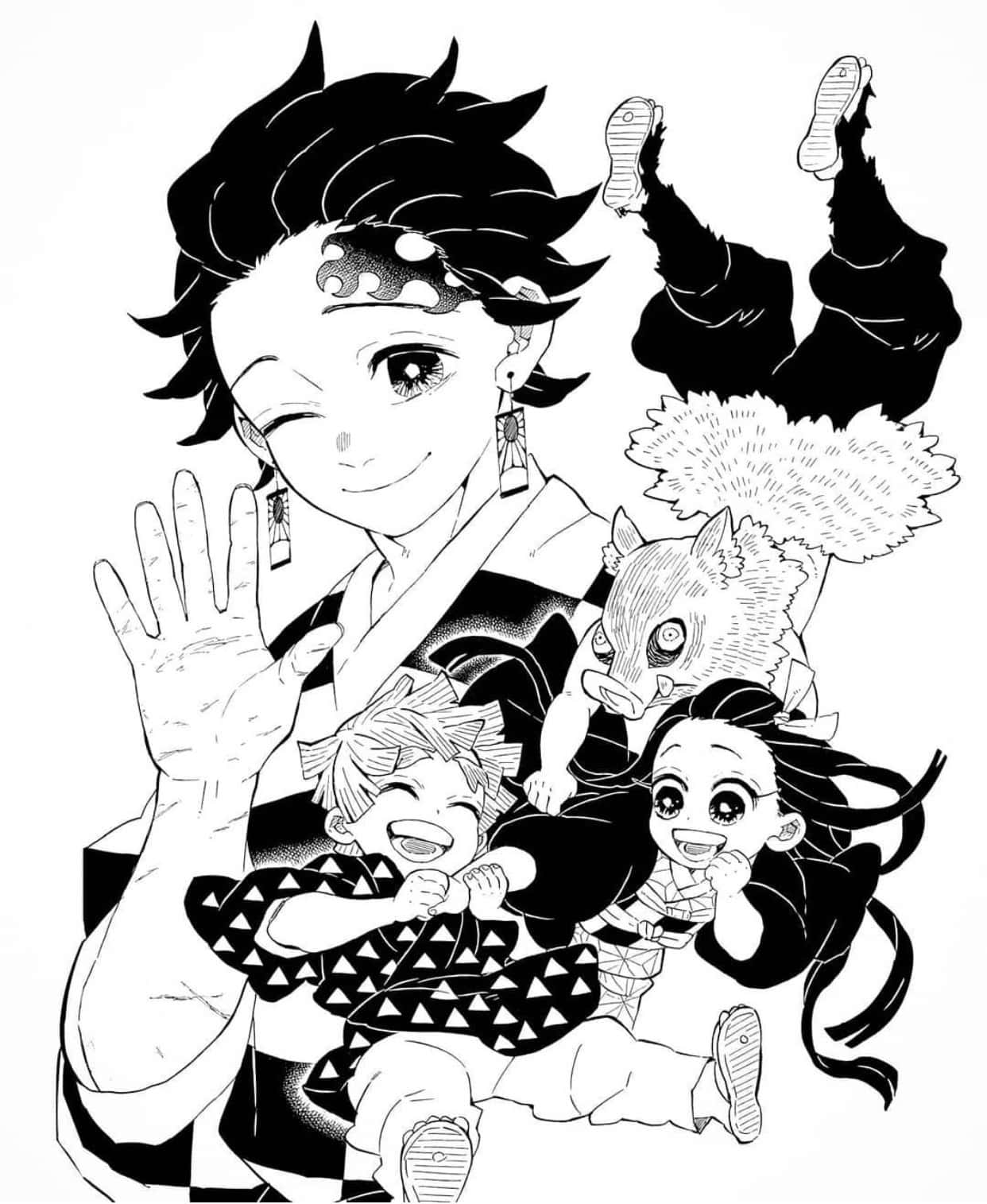  壁紙 — 一幅黑白動畫插圖，描繪炭治郎與弟弟妹妹和一個惡魔小孩一起揮手，氣氛歡快。
