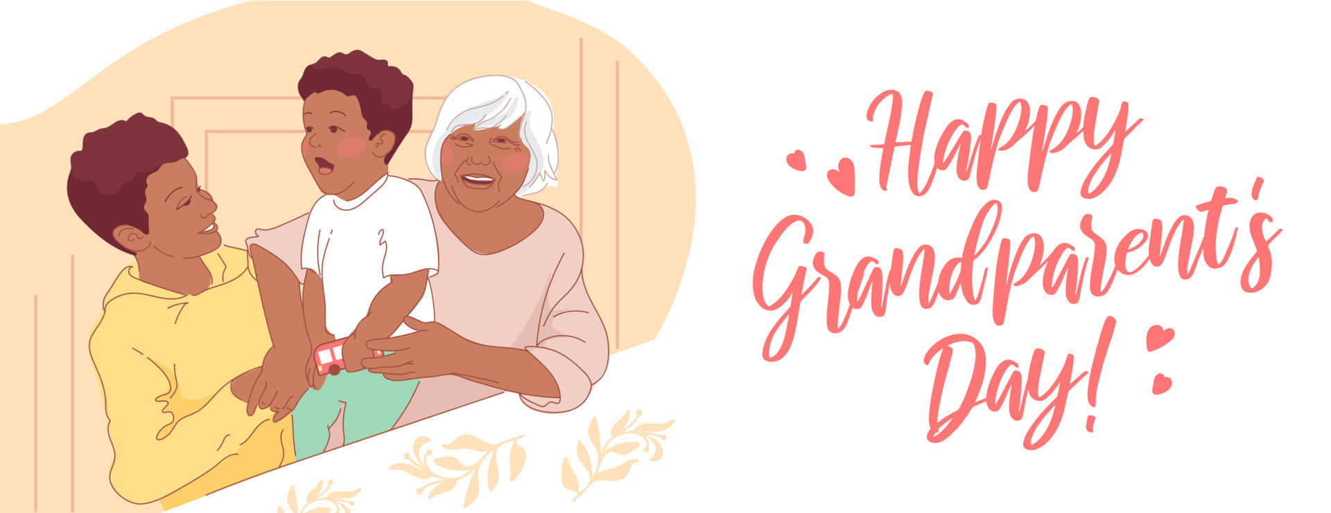  壁紙 — 一幅快樂的插圖，描繪一位祖母和兩個孫子一起微笑，並帶有「Happy Grandparent's Day!」文字。