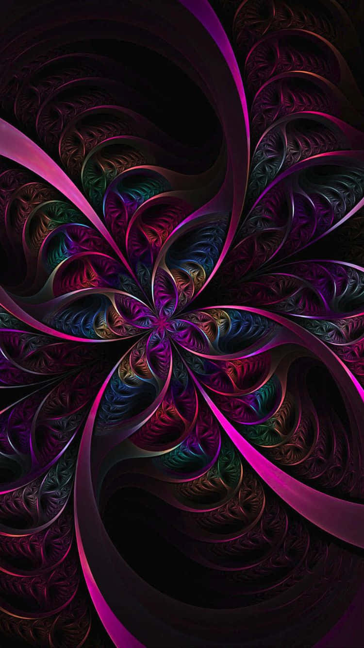  壁紙 — 一幅迷人的碎形藝術作品，在深黑色背景上散發出充滿活力的洋紅色和藍綠色卷鬚。
