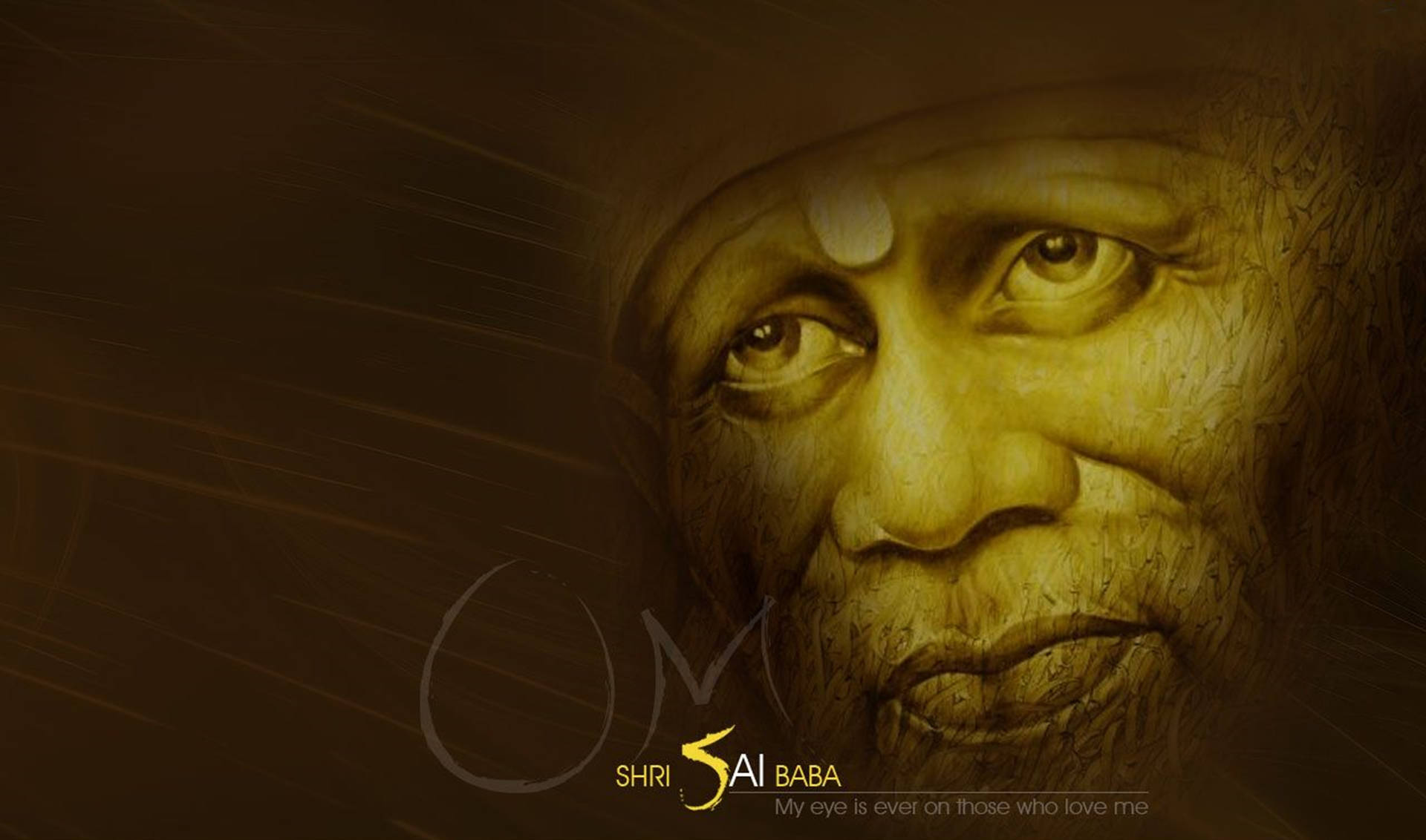 寧靜的Shri Sai Baba肖像，帶有靈性文字和金色燈光。 — 4K 壁紙