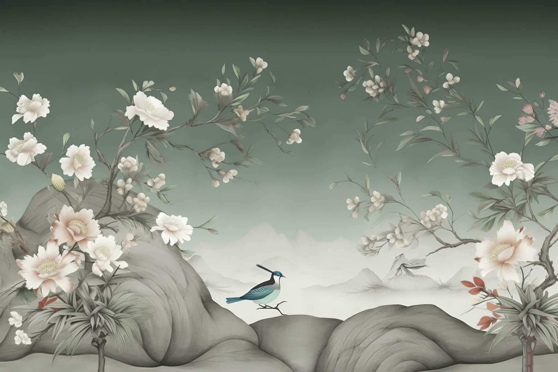  壁紙 — 一幅寧靜的水墨風格插圖，描繪一隻藍色小鳥棲息在岩石上，四周是盛開的白花和霧氣繚繞的山巒。