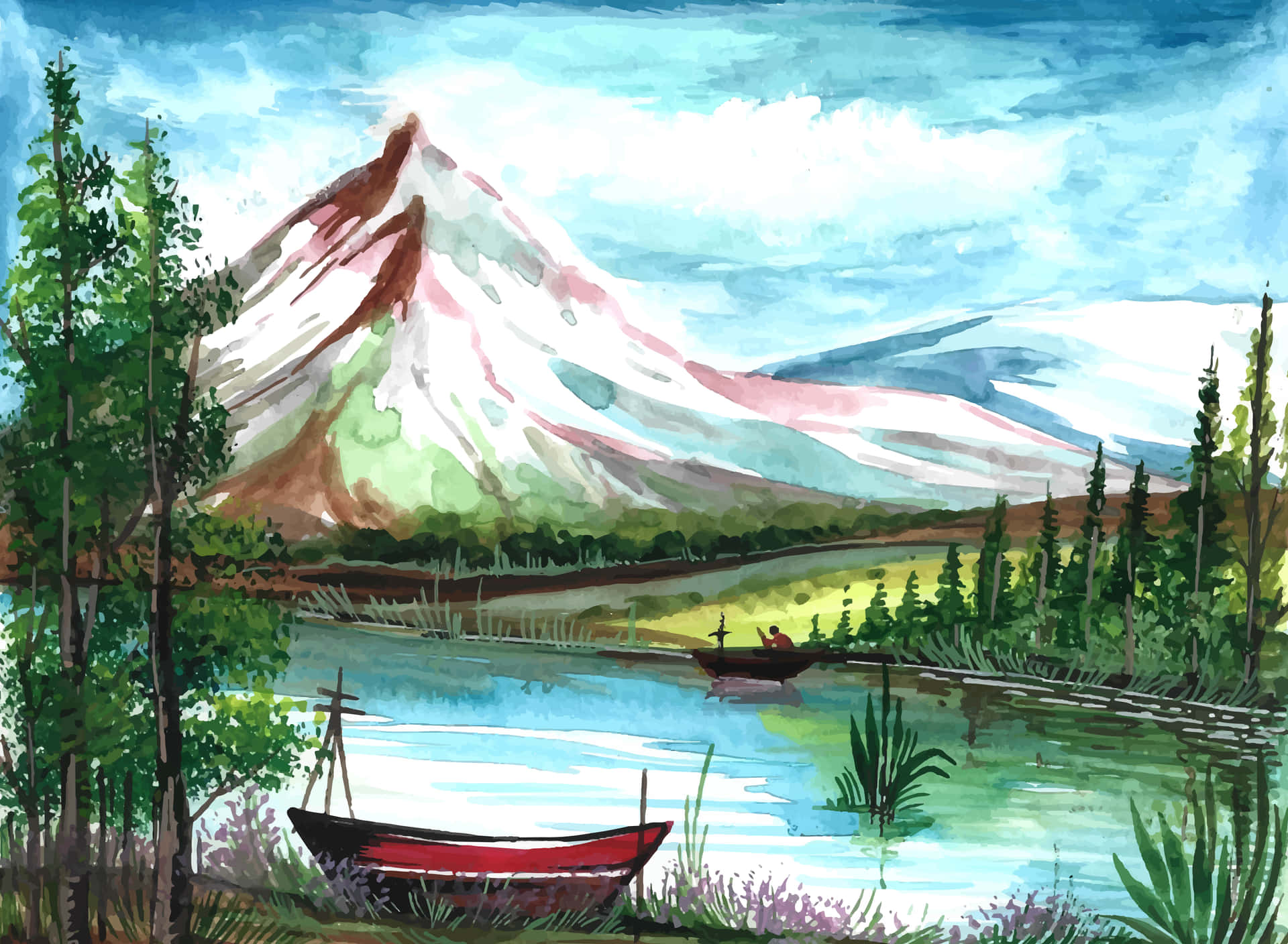  壁紙 — 一幅寧靜湖泊的水彩畫，湖邊蘆葦和高大的樹木旁停泊著一艘紅色小船，背景是陰雲天空下雄偉的雪山。