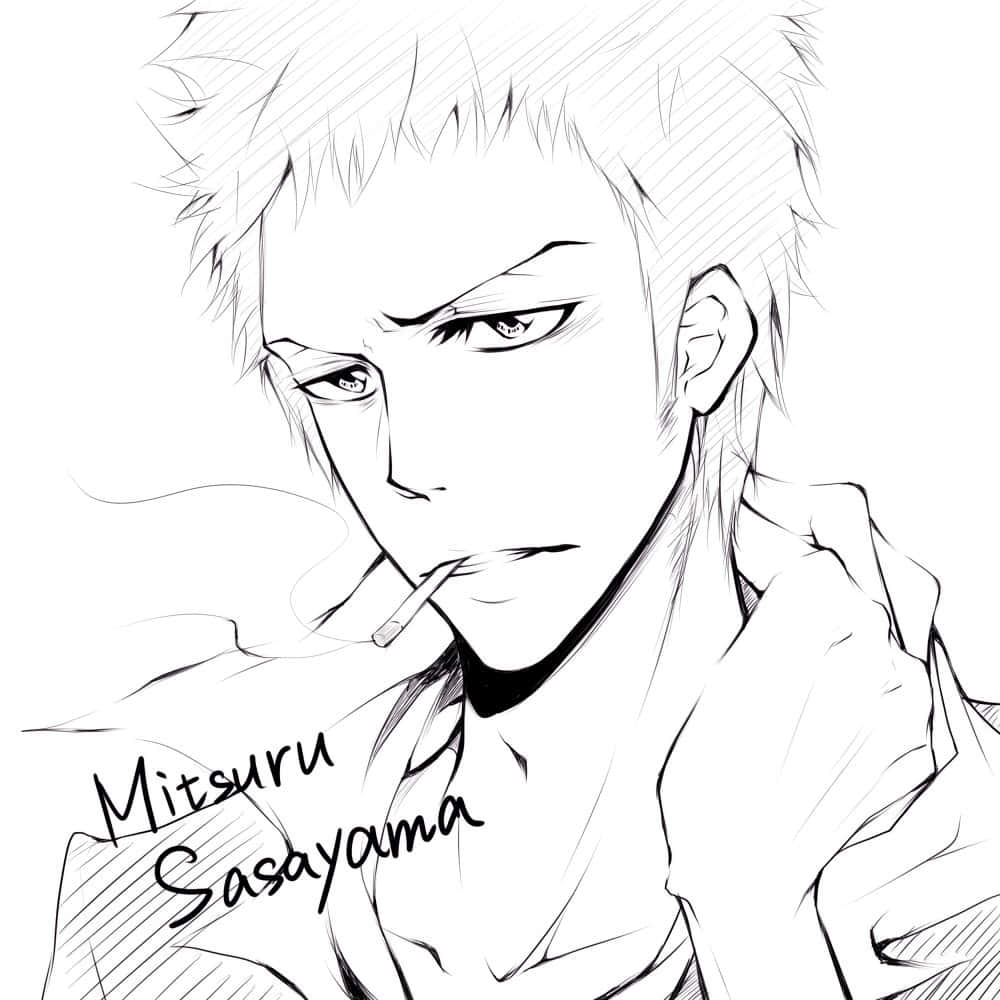 動漫角色笹山滿面帶嚴肅表情抽煙。 — Sasuke 壁紙