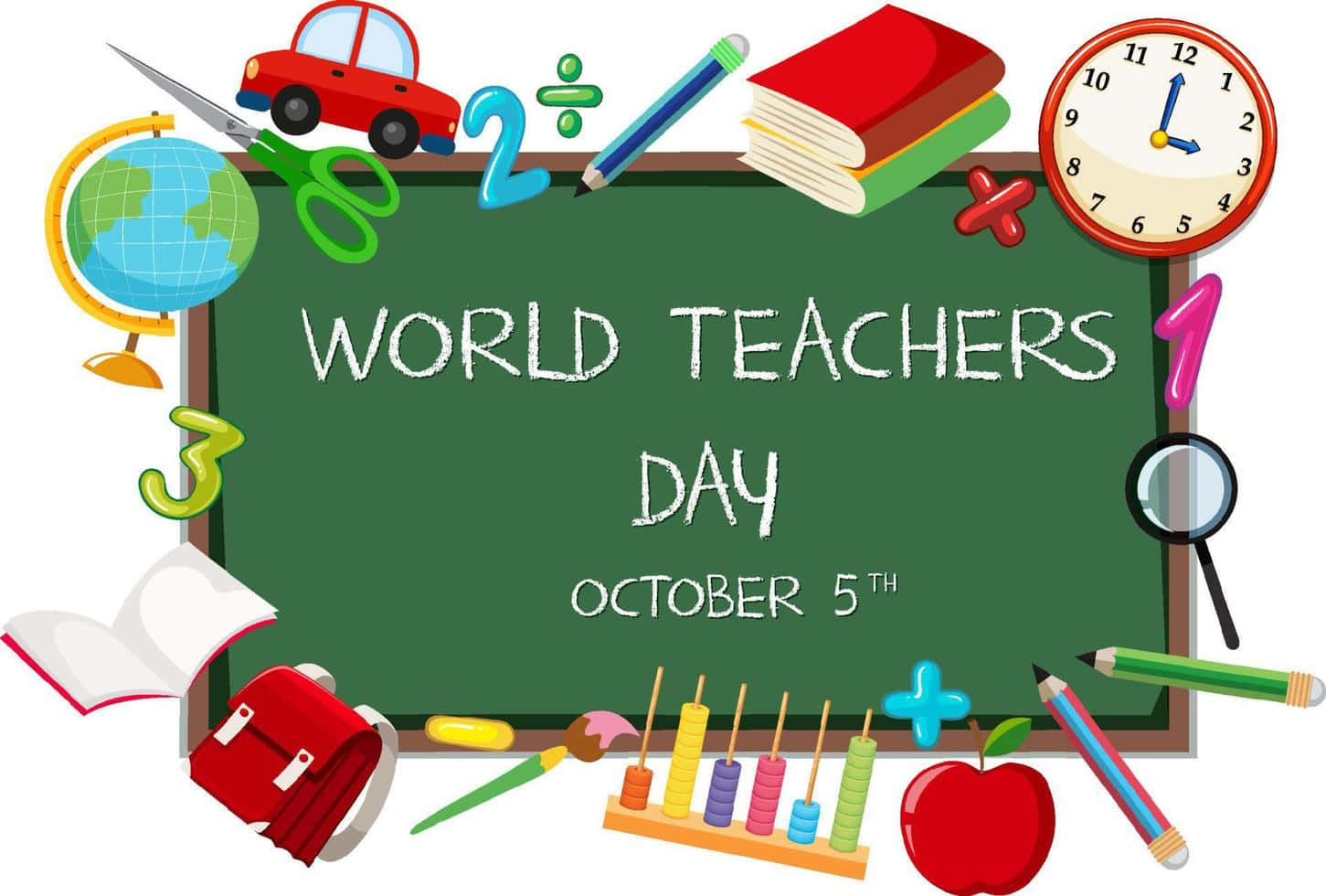  壁紙 — 一幅色彩繽紛的卡通插圖，展示一塊綠色黑板，上面寫著「World Teachers Day 10月5日」，周圍環繞著學校用品和玩具。