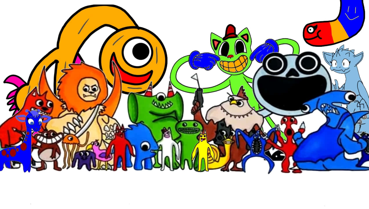  壁紙 — 一幅色彩繽紛的卡通插圖，描繪各種古怪的怪物和角色在純白色背景前一起擺姿勢。
