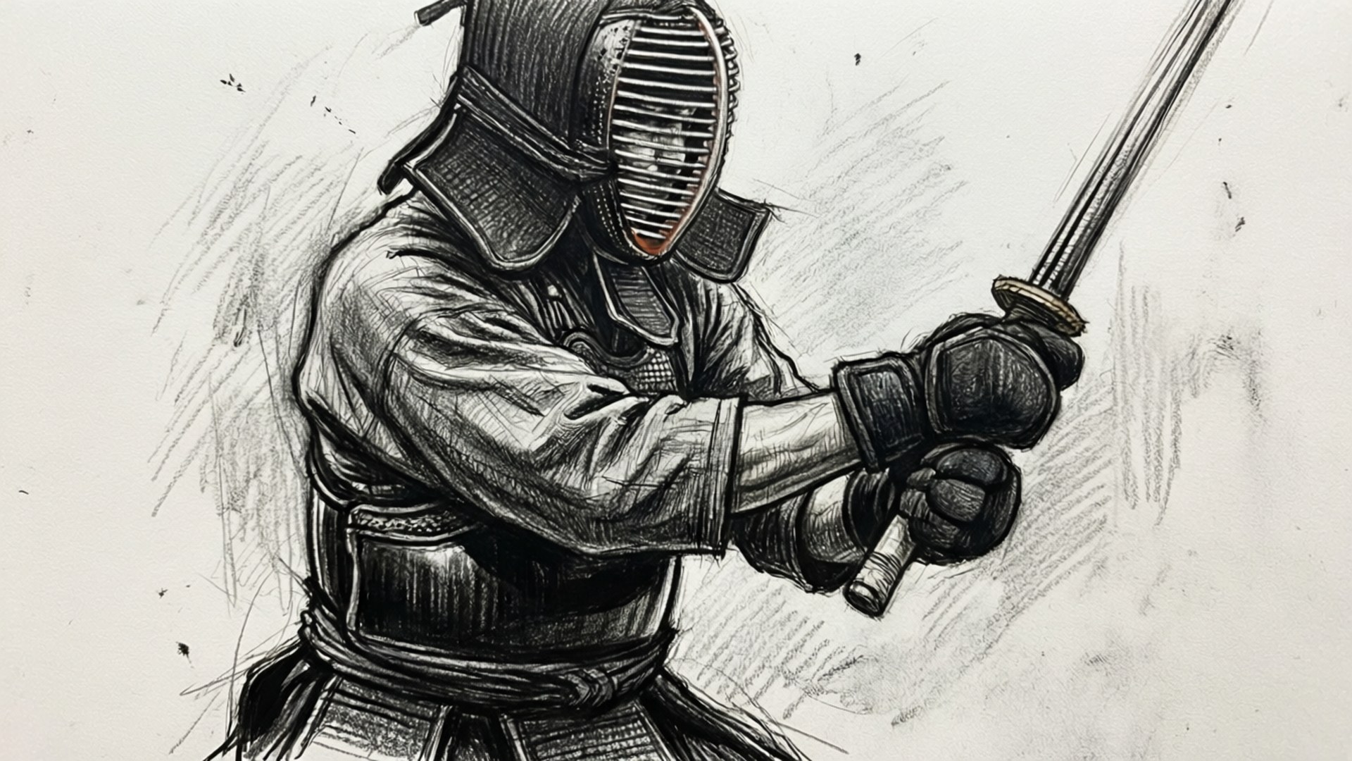 Kendo 桌布 壁紙 — 一幅詳細的鉛筆素描，描繪一名身穿全套裝備的劍道選手，以準備姿勢握劍。