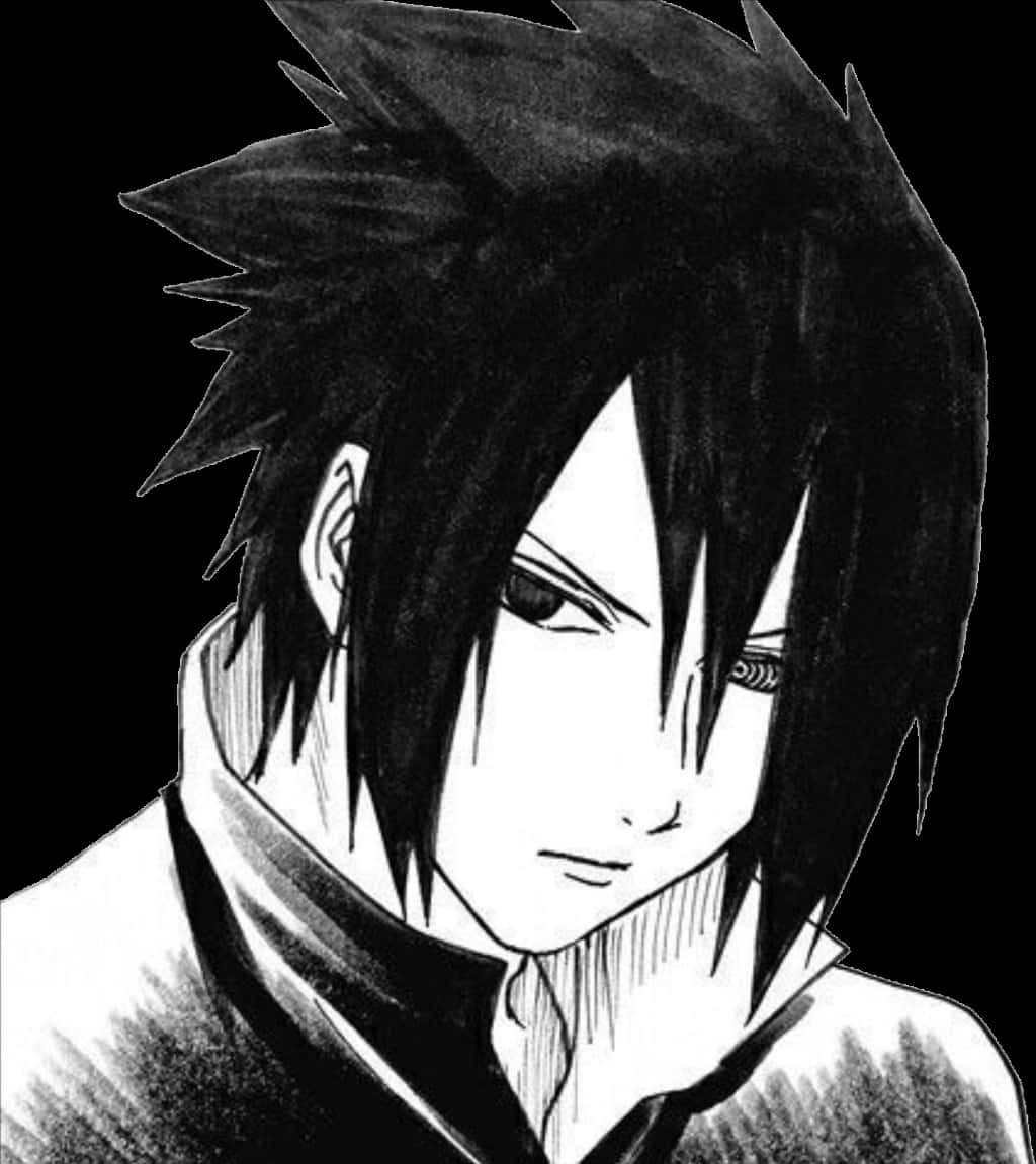 黑白素描風格的動畫角色，擁有尖刺黑髮和銳利目光。 — Sasuke 壁紙
