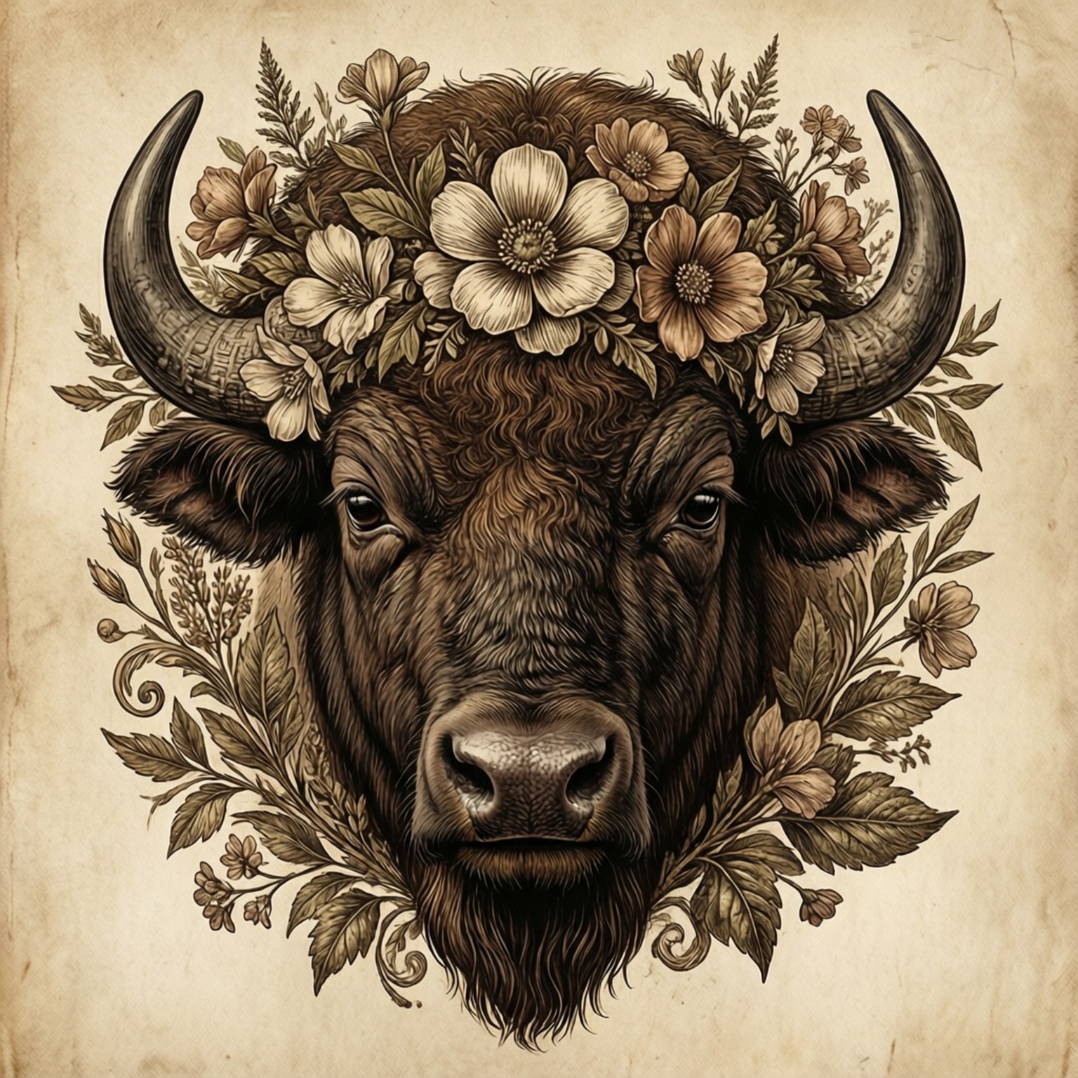 Vintage Buffalo Botanical 壁紙 — 一幅詳細插圖，描繪一頭野牛頭部，飾有花冠和葉環，置於舊羊皮紙上。