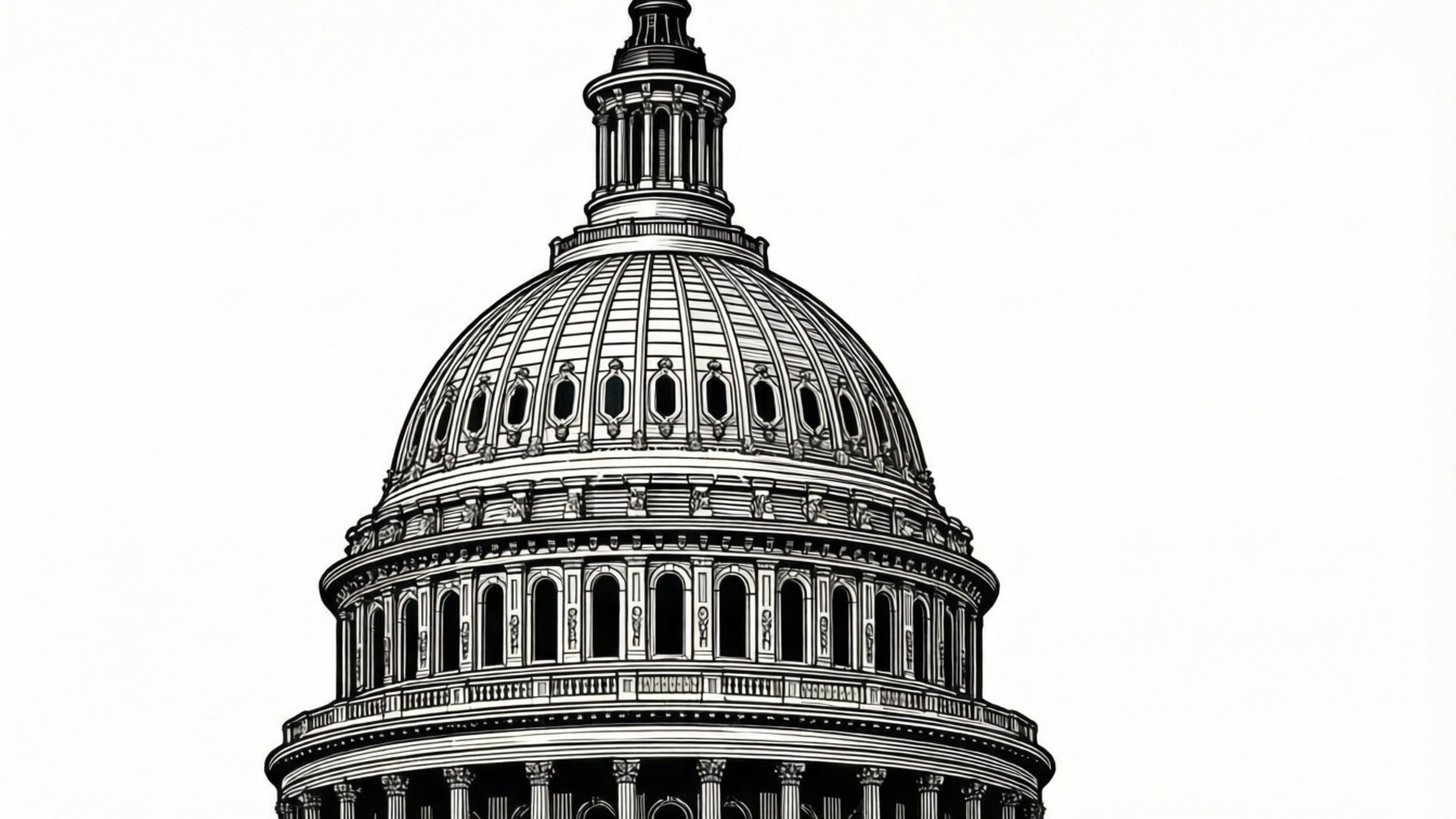 Line Art Capitol Dome 壁紙 — 一幅詳細的黑白線條畫，描繪美國國會大廈圓頂，背景為純白色。