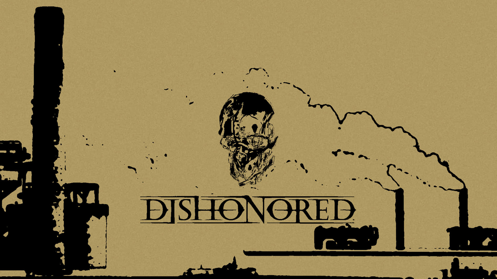 一個黑暗的工業場景，骷髏頭從煙囪升起，並帶有 DISHONORED 字樣。 — 4K 壁紙