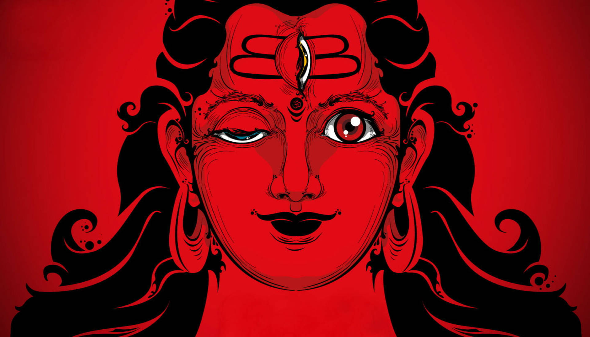 紅黑插畫女神，帶有第三隻眼和飄逸的頭髮。 — 濕婆 壁紙