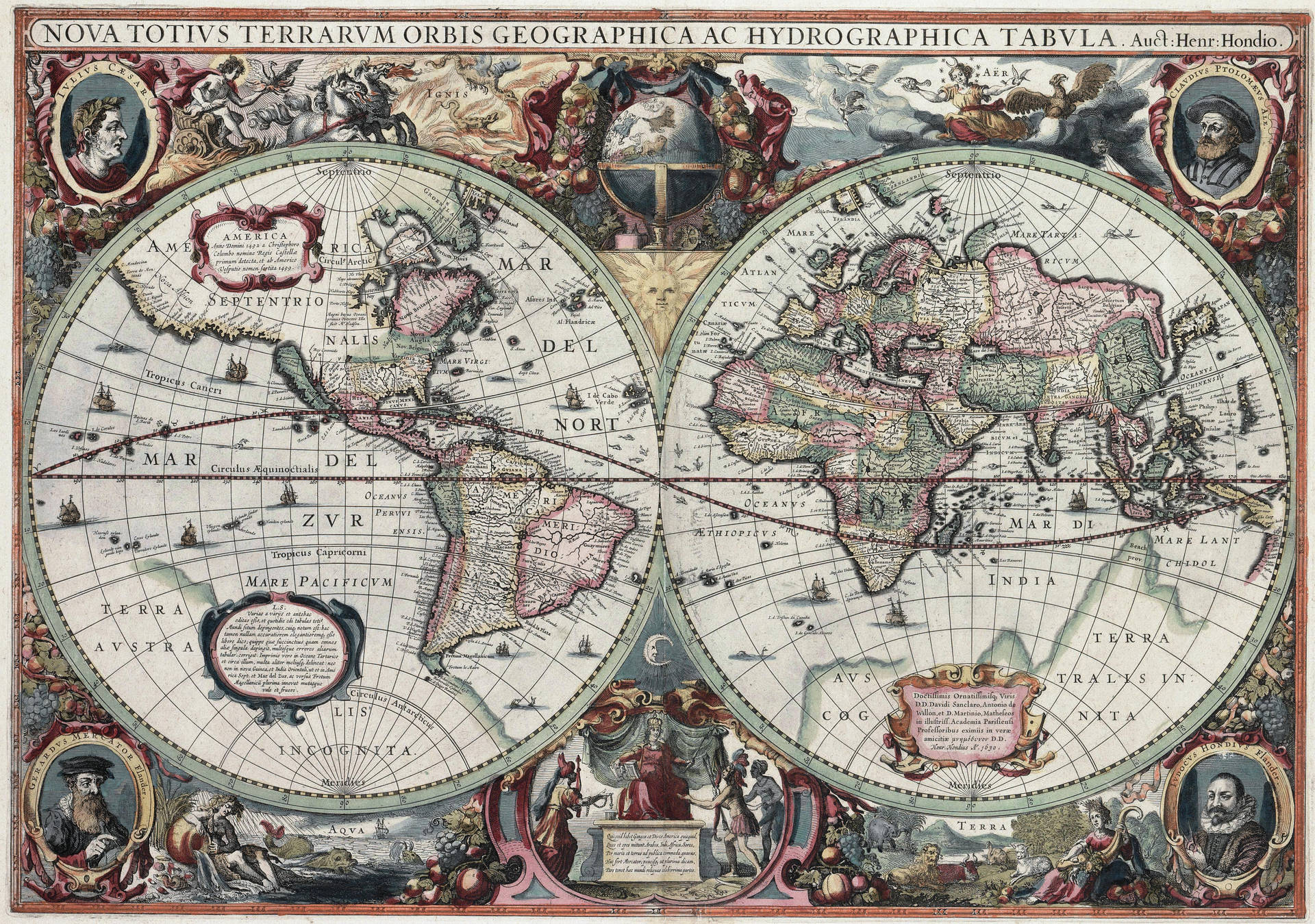 Hondius於1595年的復古世界地圖，帶有裝飾性邊框和神話人物。 — 世界地圖 壁紙
