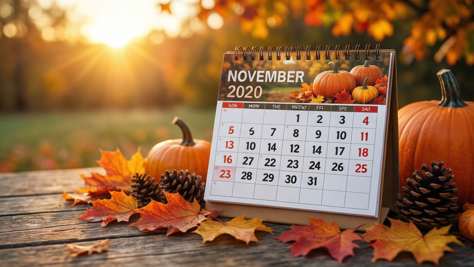 Rustic Autumn Calendar 壁紙 — 一個2020年11月的月曆放在木桌上，周圍有南瓜、松果和秋葉，背景是金色日落。
