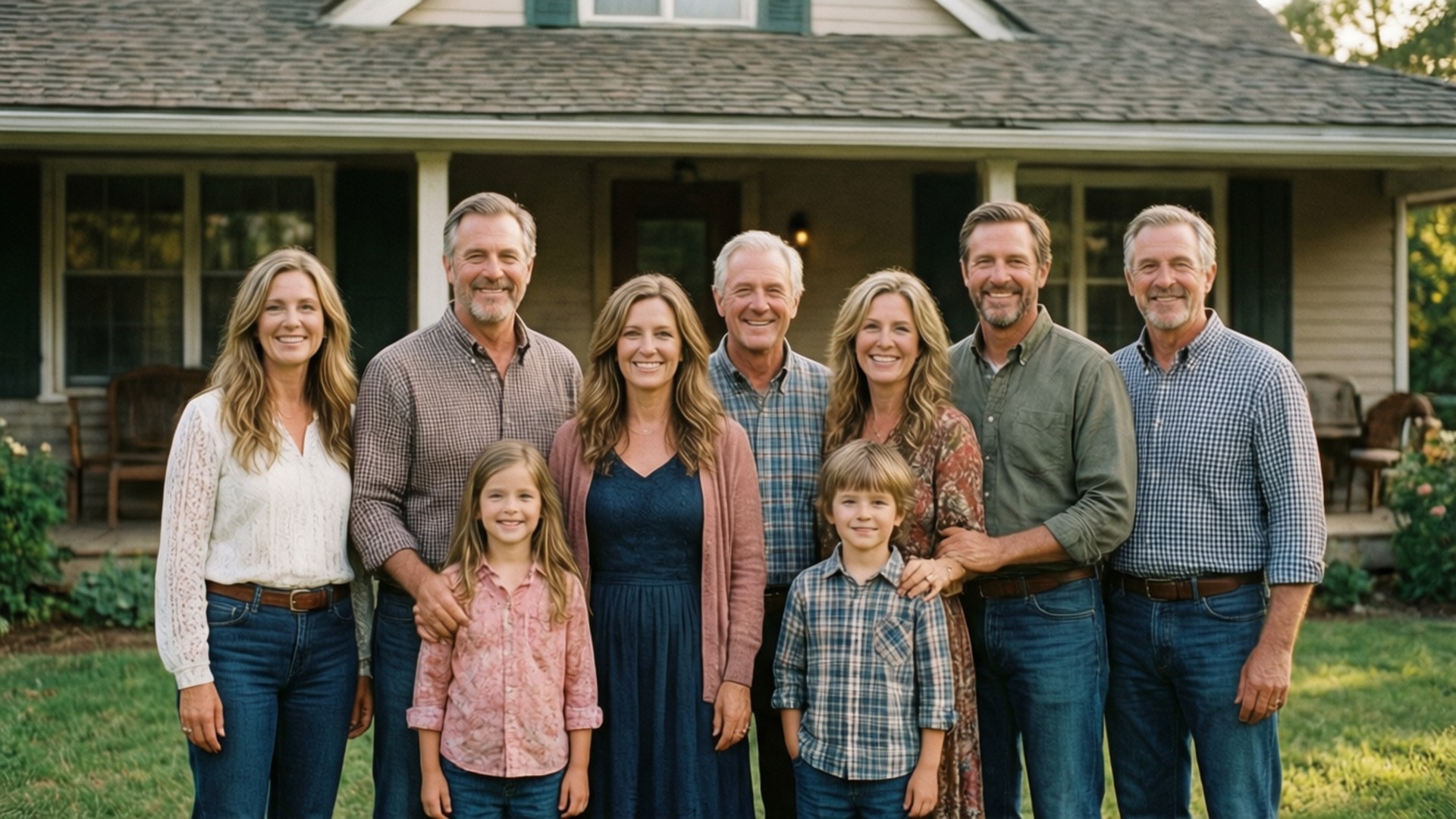 Dutton Family Portrait 壁紙 — 一個八人跨代家庭在陽光明媚的日子裡，在舒適的郊區房屋前溫暖地微笑。