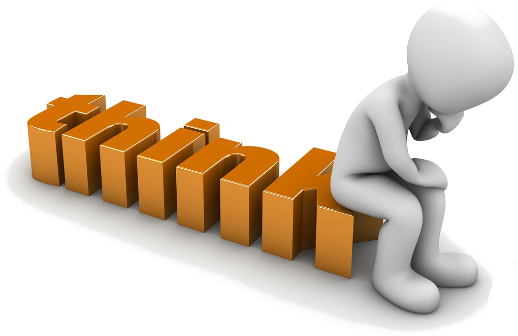 白色3D人像坐在拼出think的橙色3D字母旁邊。 — 3D 壁紙