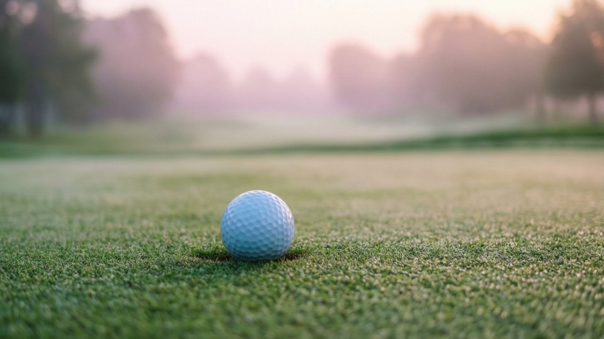 Tee Time Tranquility 壁紙 — 一個白色高爾夫球放在鮮綠色的草地上，柔和粉紅和橙色的日出在模糊的樹木後發光。